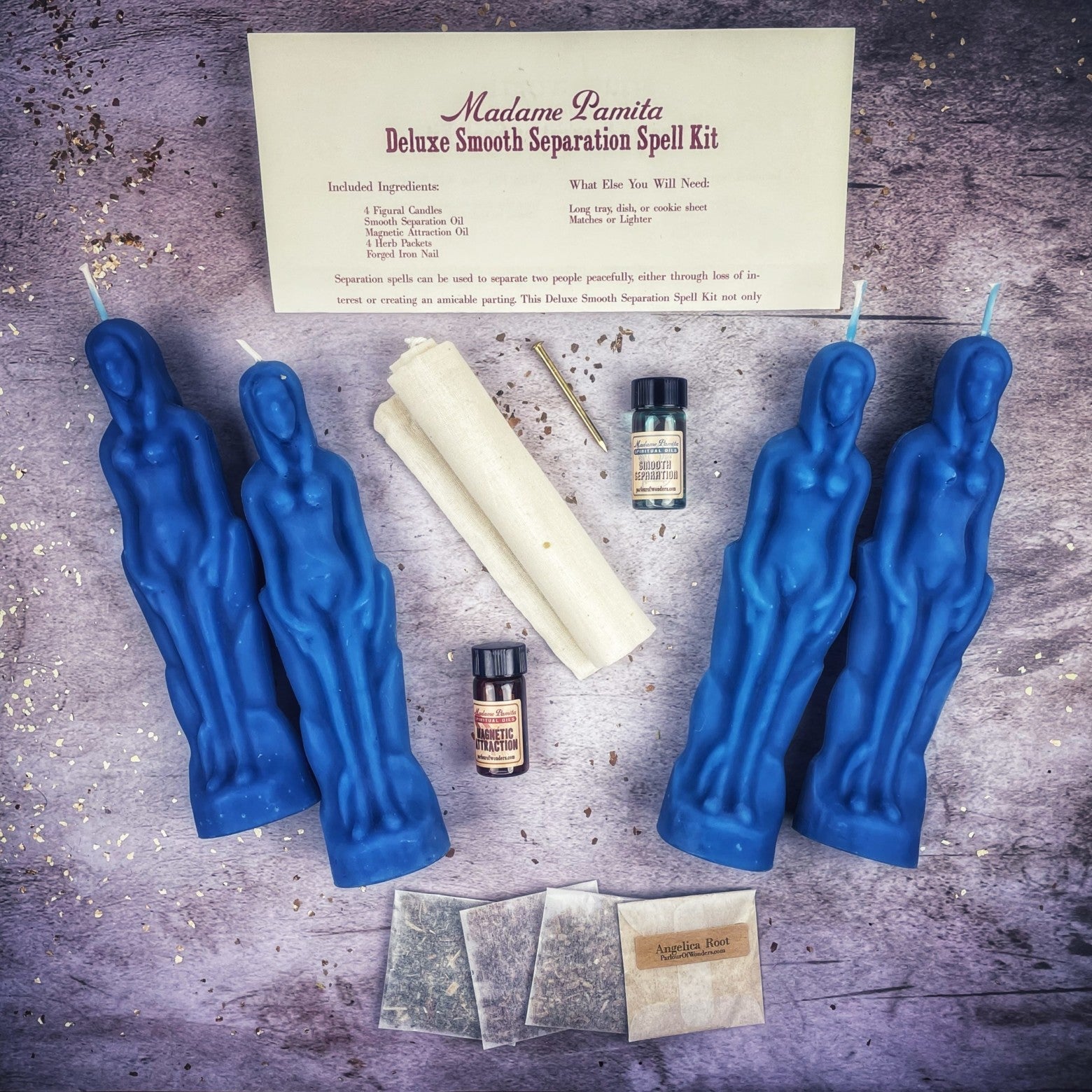 Deluxe Smooth Separation Candle Spell Kit by Parlour of Wonders featuring black candles for peaceful parting and love direction.