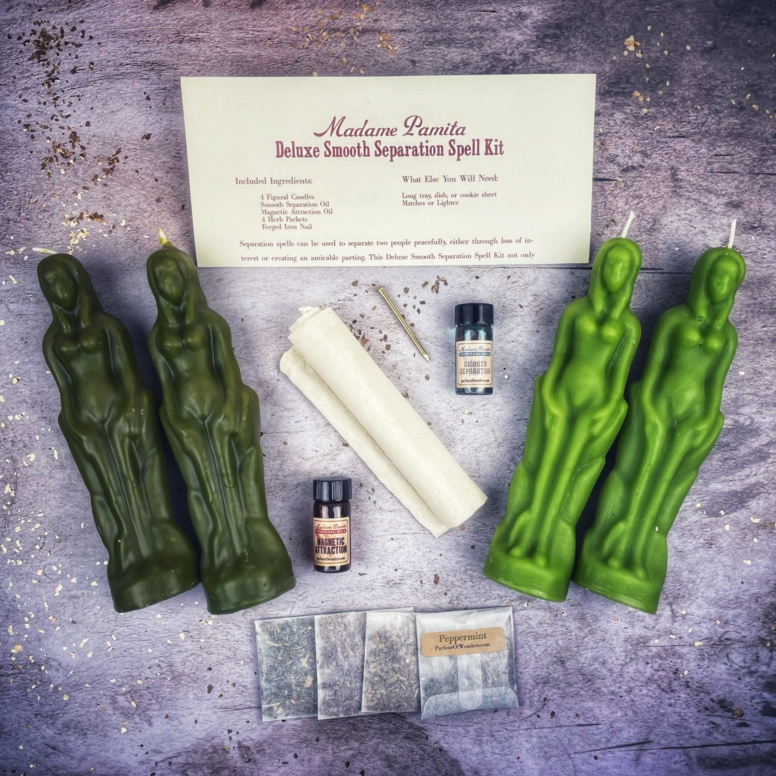 Deluxe Smooth Separation Candle Spell Kit by Parlour of Wonders with black candles for peaceful parting and love direction.