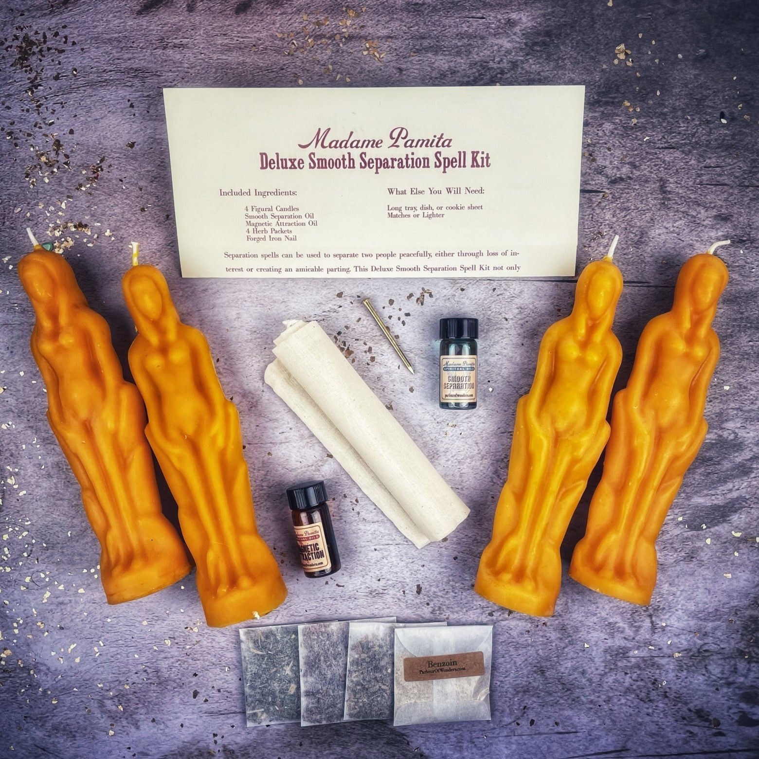 Parlour of Wonders Deluxe Smooth Separation Candle Spell Kit featuring black candles for peaceful parting and love direction for female couples.