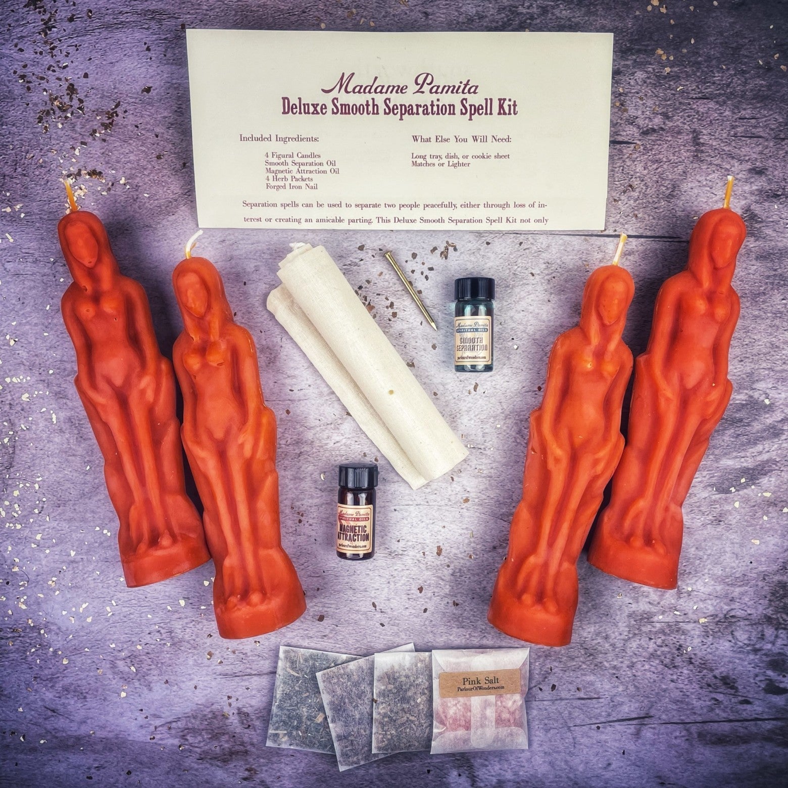 Deluxe Smooth Separation Candle Spell Kit by Parlour of Wonders with black candles for peaceful parting and love direction.