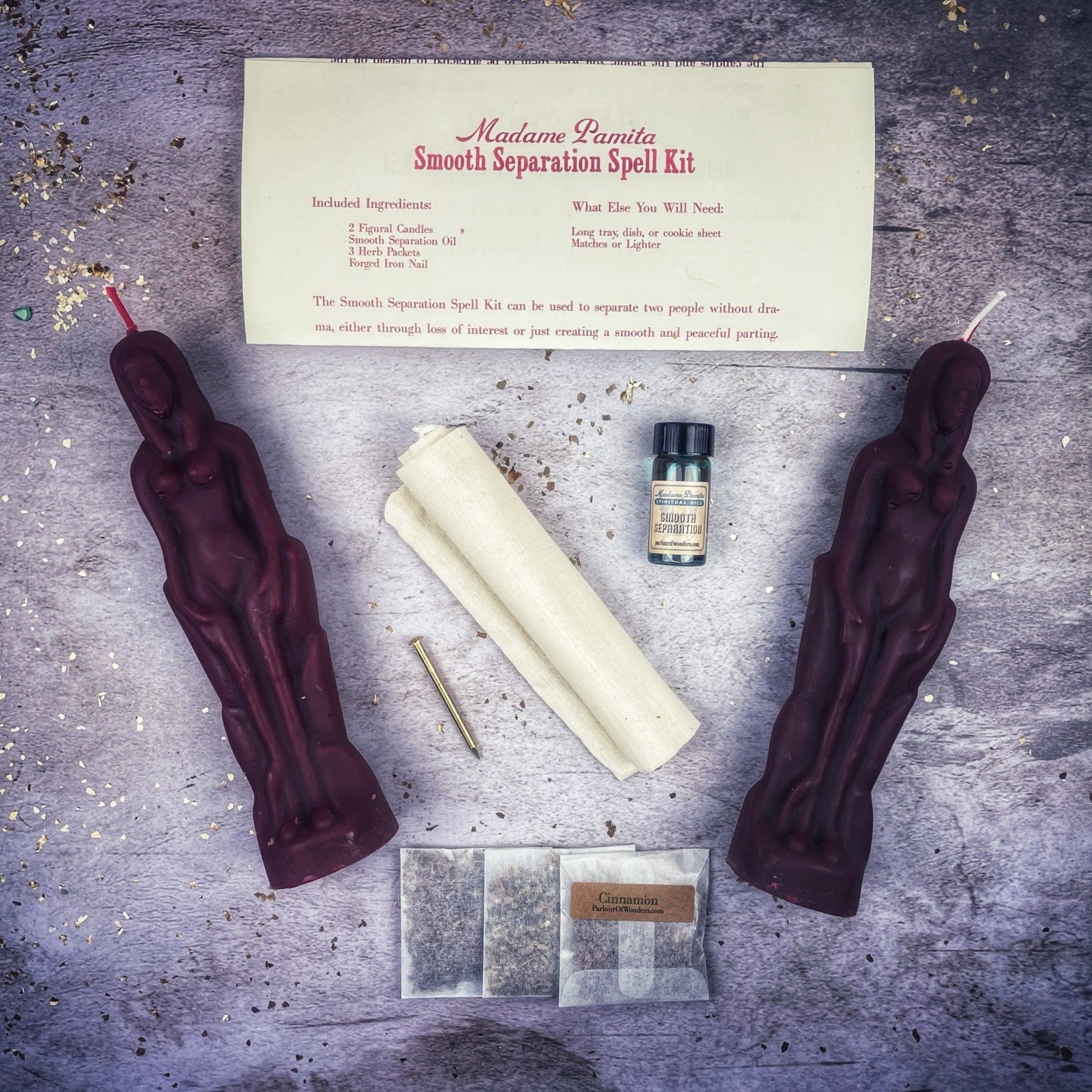 Black Candle Spell Kit for peaceful separation, featuring candles for female/female parting from Parlour of Wonders.