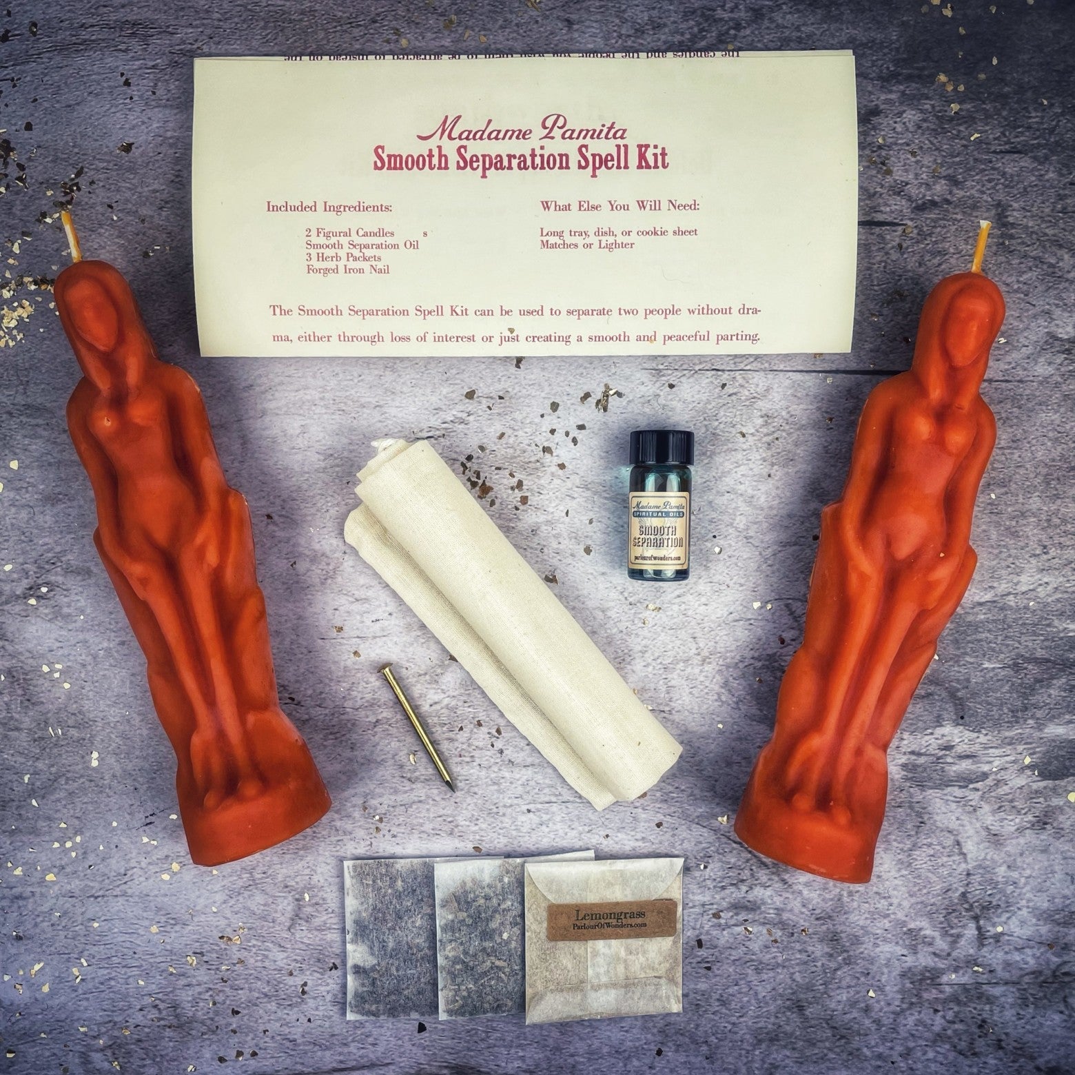 Parlour of Wonders Smooth Separation Candle Spell Kit with black candles for female-female peaceful parting and positive energy.