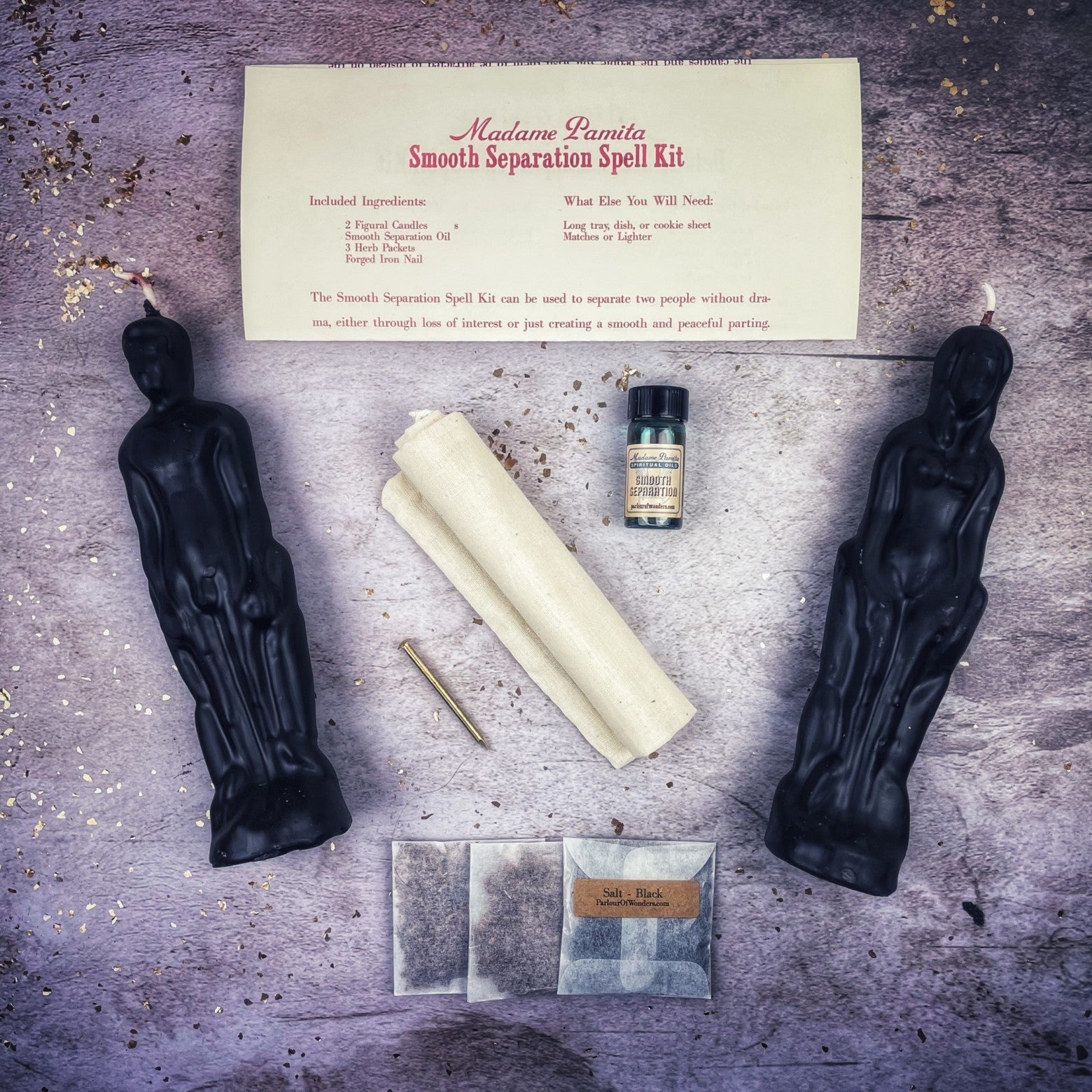 Parlour of Wonders Smooth Separation Candle Spell Kit with black candles for peaceful parting and gentle separation.