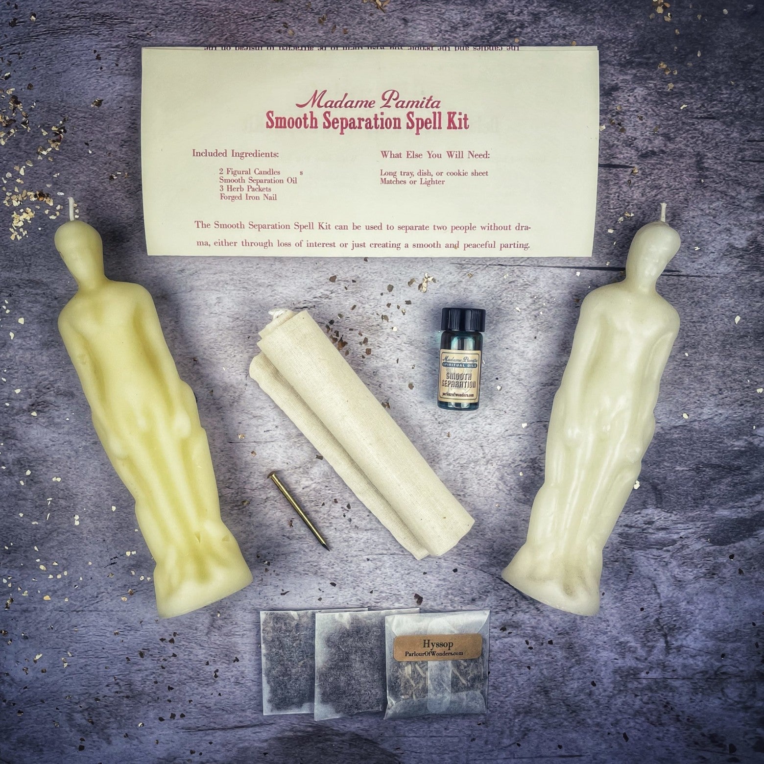 Parlour of Wonders Smooth Separation Candle Spell Kit with black candles for peaceful parting between males or females.