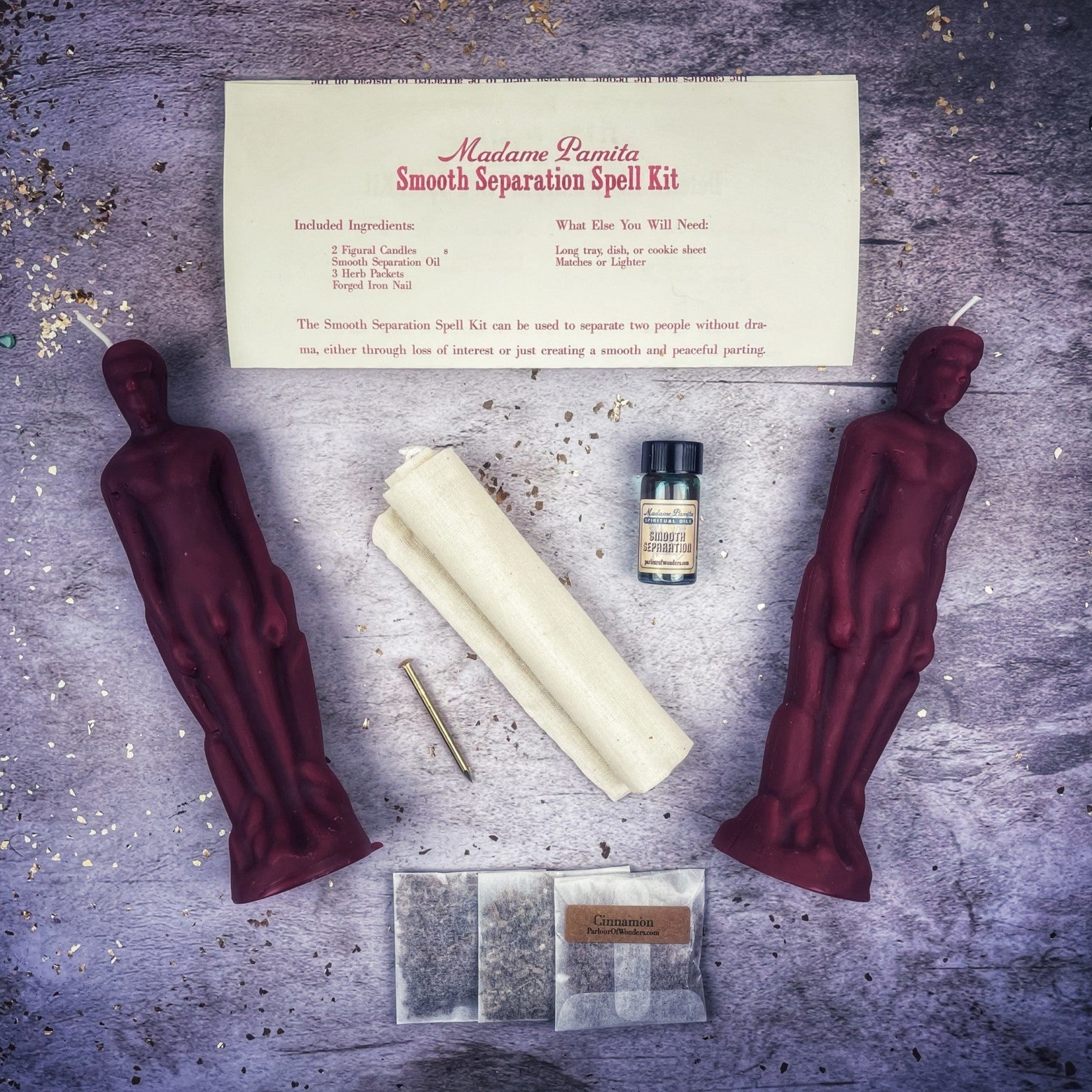 Parlour of Wonders Smooth Separation Candle Spell Kit with black candles designed for peaceful parting for male/male relationships.