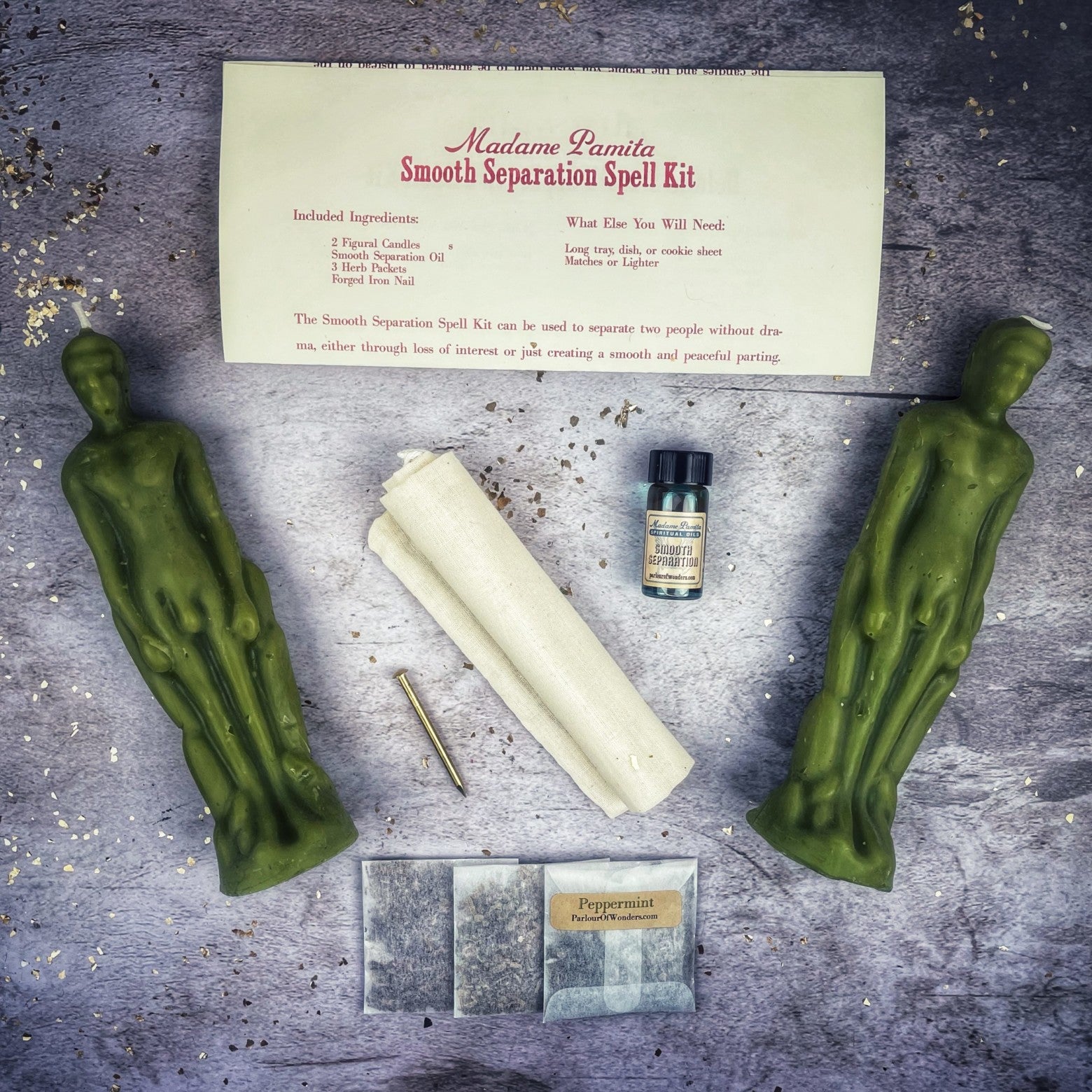 Parlour of Wonders Smooth Separation Candle Spell Kit featuring black candles for peaceful parting between male and male.