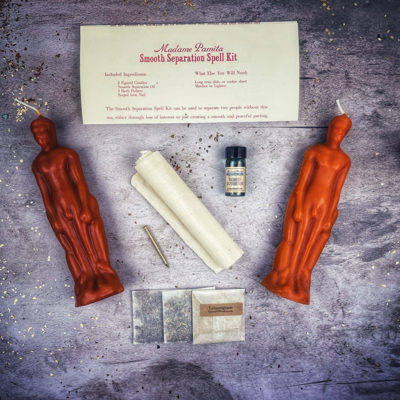 Black Candle Spell Kit for peaceful male-to-male separation, featuring candles for smooth parting from Parlour of Wonders.