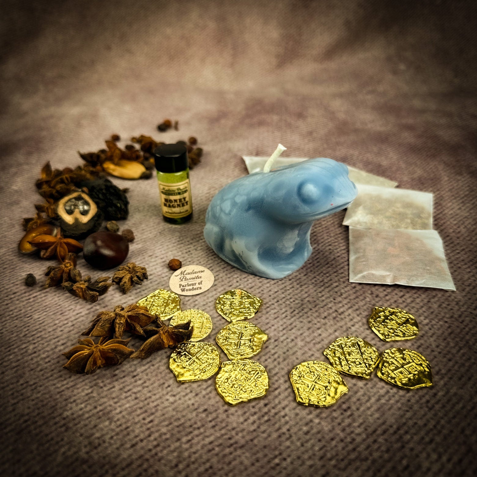 Parlour of Wonders Lucky Money Frog Candle Spell Kit for abundance and prosperity featuring a black candle and spell accessories.