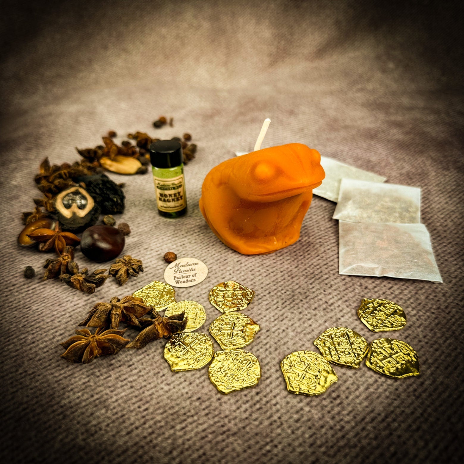 Lucky Money Frog Candle Spell Kit by Parlour of Wonders for abundance and prosperity, featuring a black candle and ritual tools.