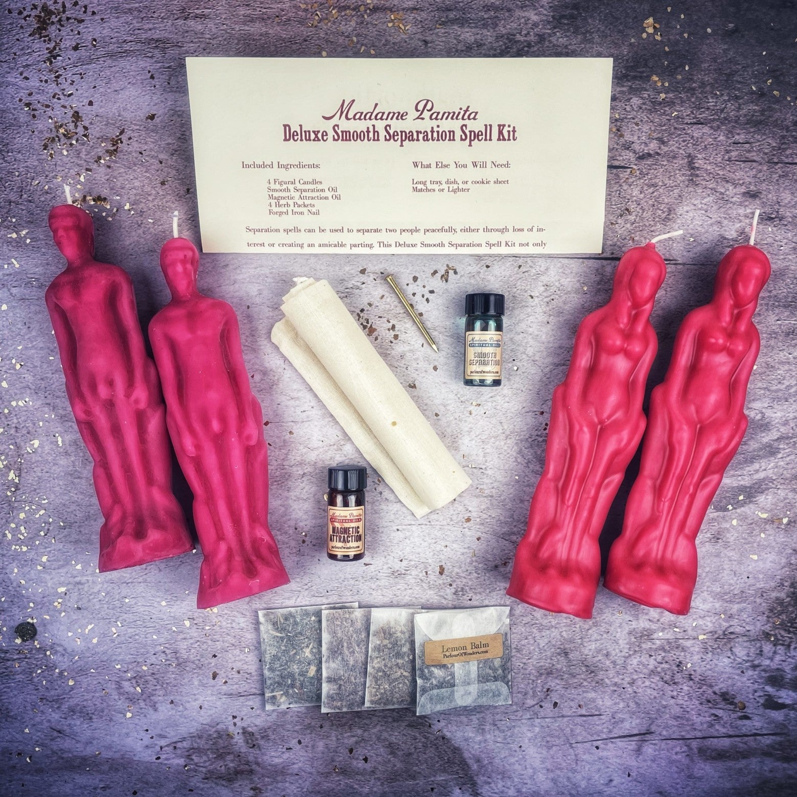 Deluxe Smooth Separation Candle Spell Kit by Parlour of Wonders with black candles for peaceful parting and love direction.