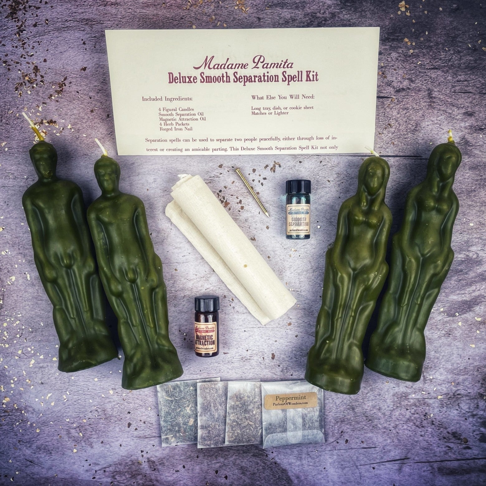 Deluxe Smooth Separation Candle Spell Kit by Parlour of Wonders featuring black candles for peaceful parting and love direction.