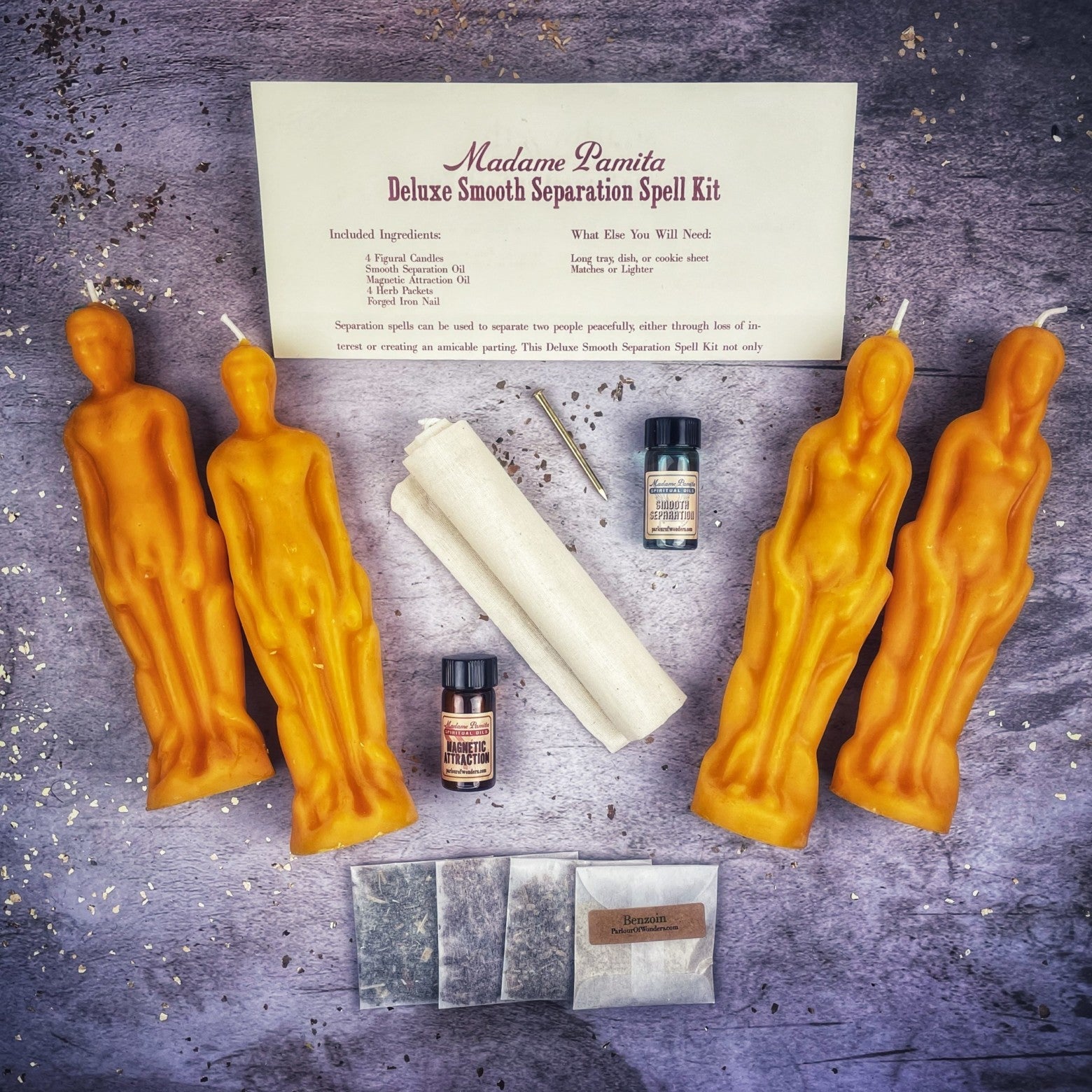 Deluxe Smooth Separation Candle Spell Kit by Parlour of Wonders featuring black candles for peaceful parting and love direction.