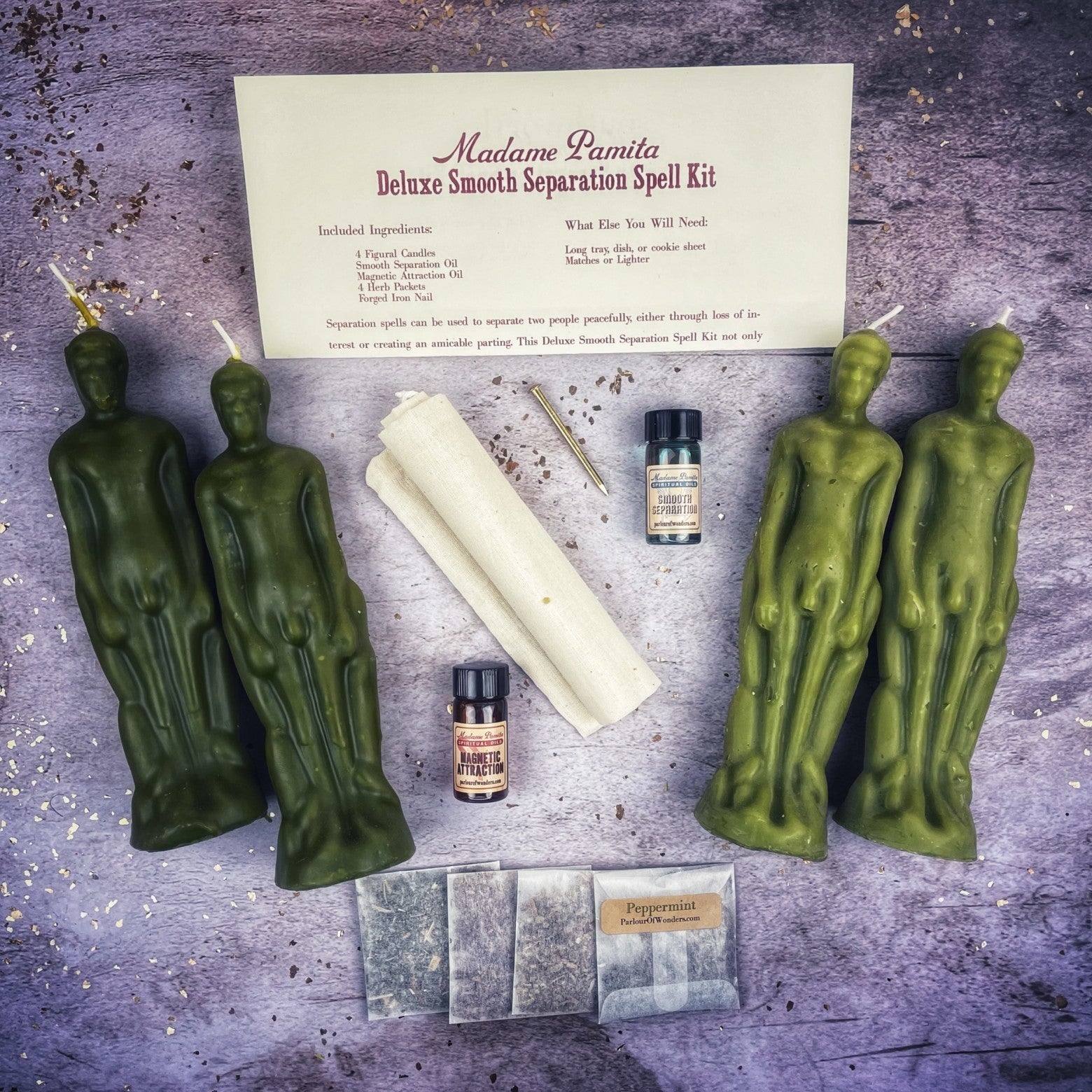 Deluxe Smooth Separation Candle Spell Kit by Parlour of Wonders featuring black candles for peaceful parting and love guidance.