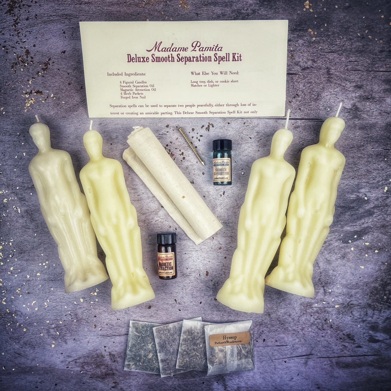 Deluxe Smooth Separation Candle Spell Kit by Parlour of Wonders featuring black candles for peaceful parting and love direction.