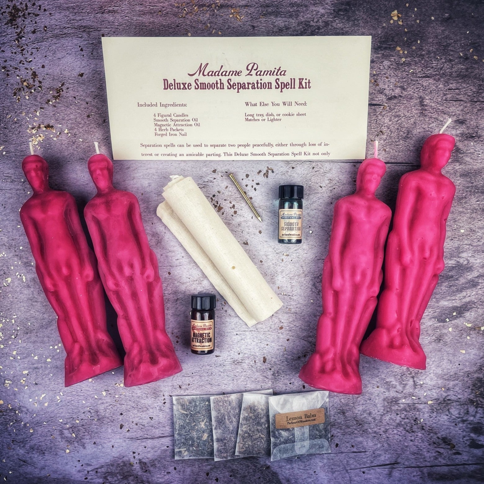 Deluxe Smooth Separation Candle Spell Kit by Parlour of Wonders with black candles for peaceful parting and love direction.