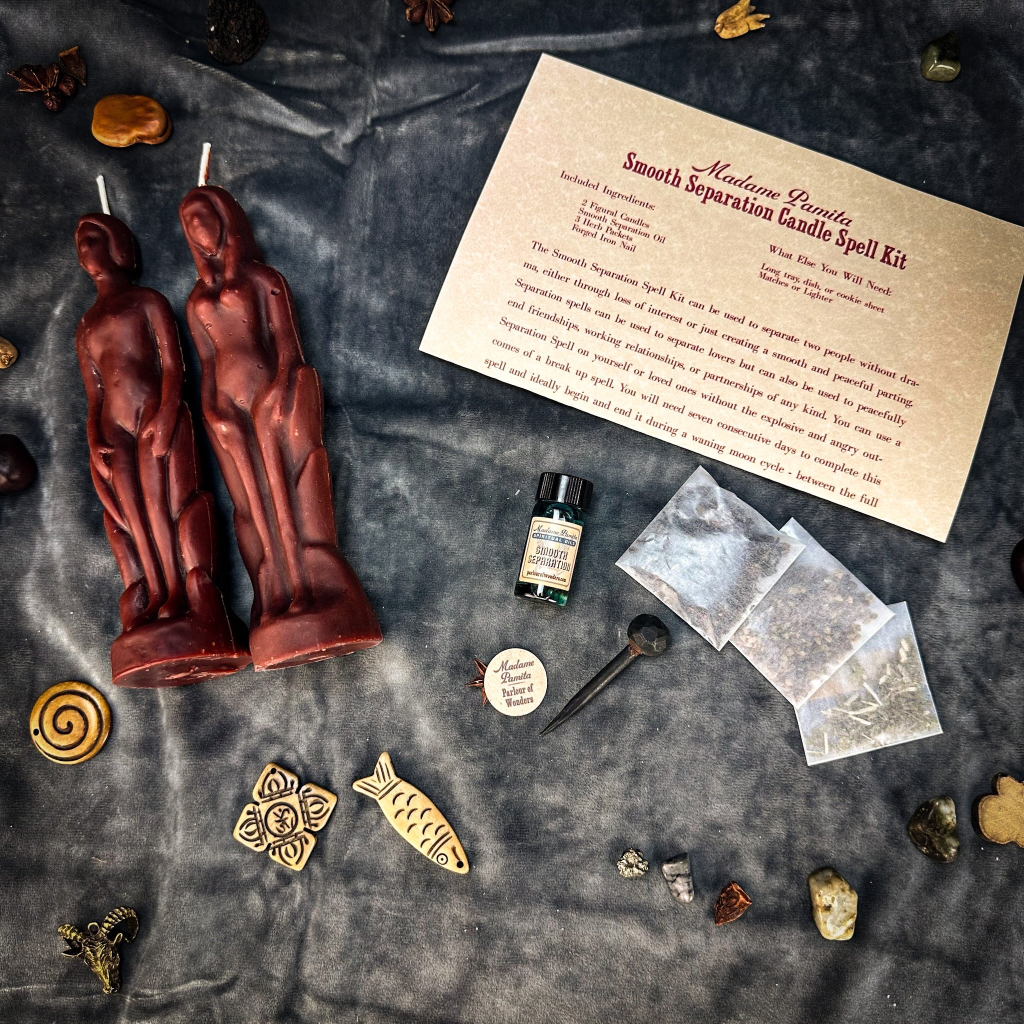 Smooth Separation Candle Spell Kit by Parlour of Wonders, featuring black candles for peaceful parting and human female imagery.