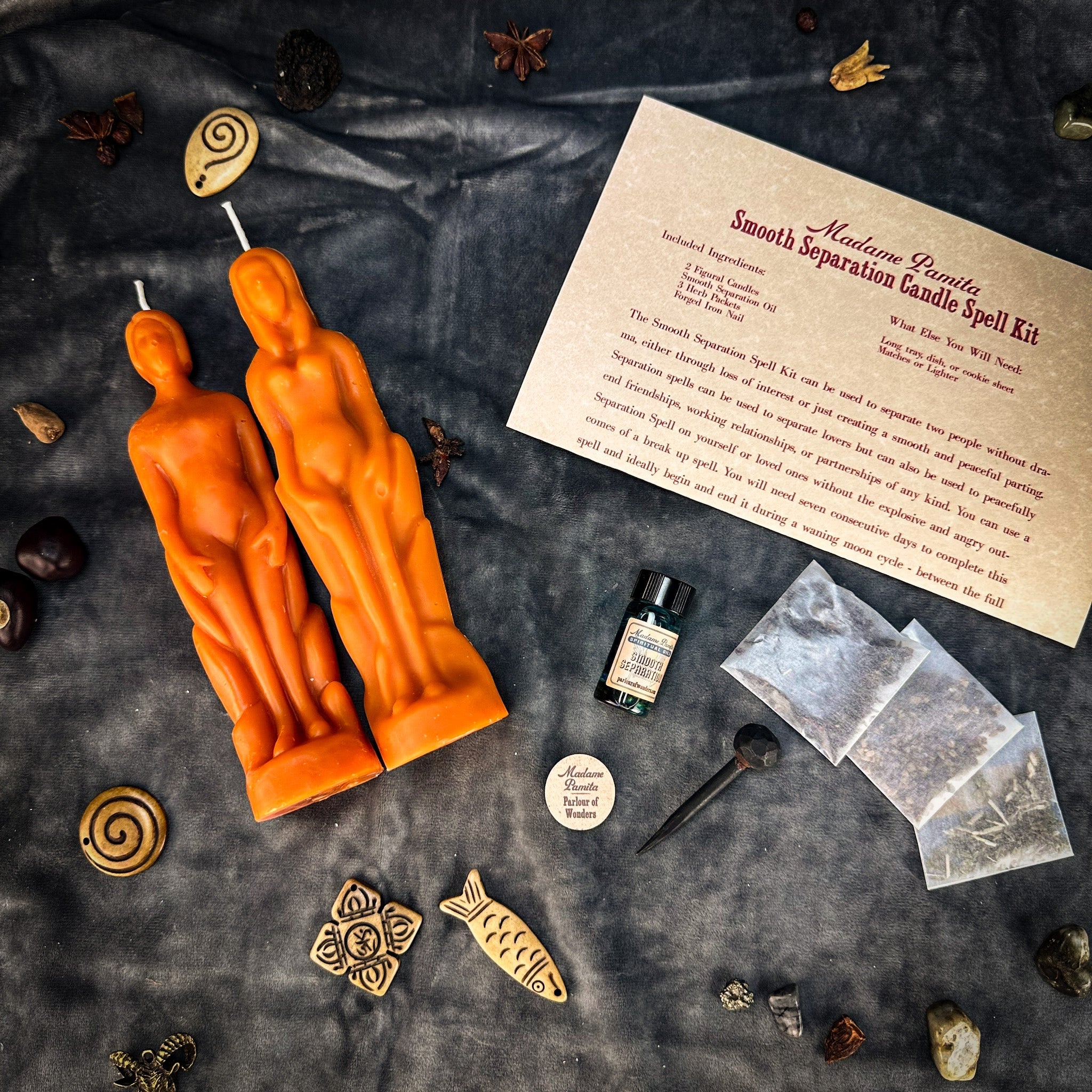 Smooth Separation Candle Spell Kit by Parlour of Wonders featuring black candles for peaceful parting and human female symbolism.