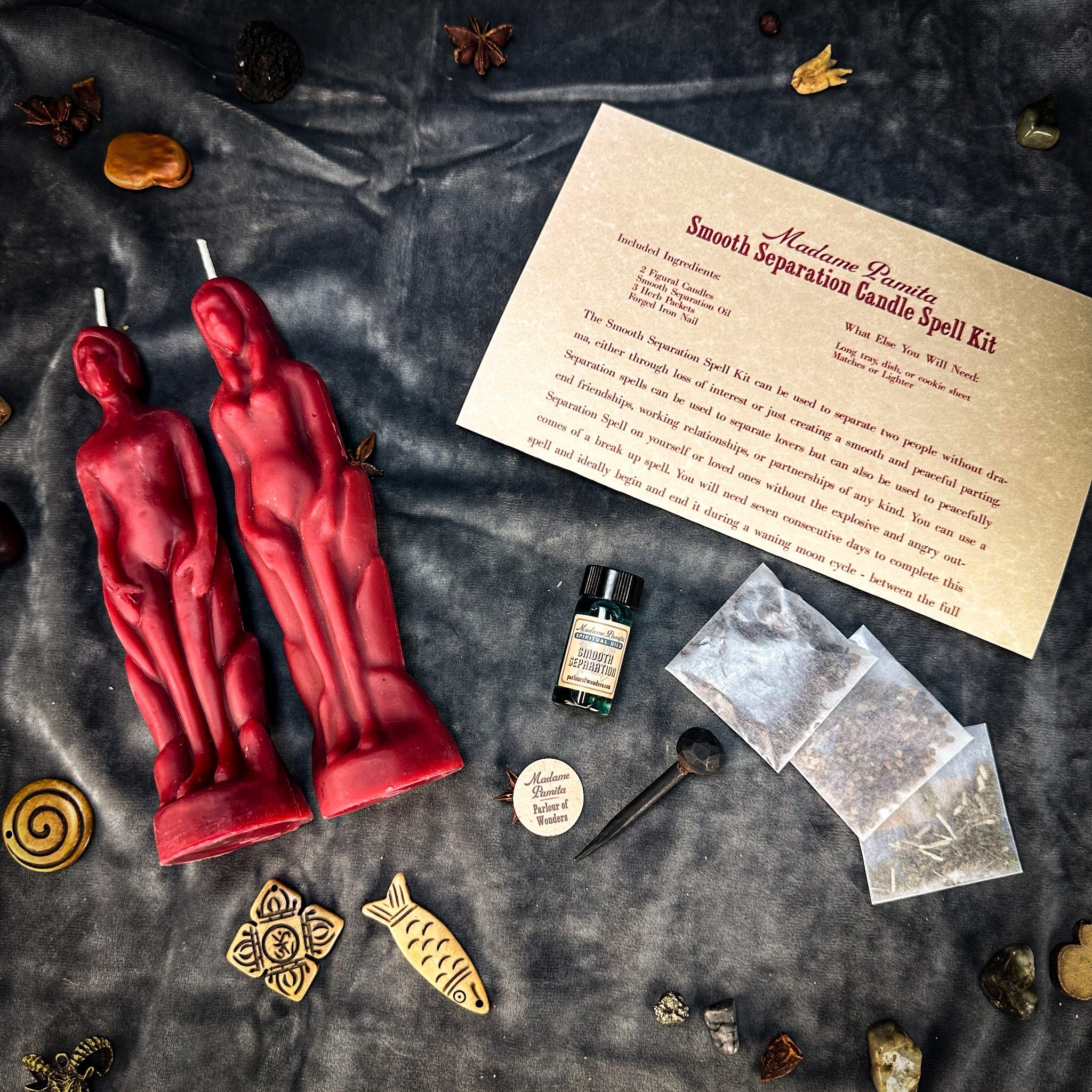 Parlour of Wonders Smooth Separation Candle Spell Kit with black candle for peaceful parting and human female symbolism.