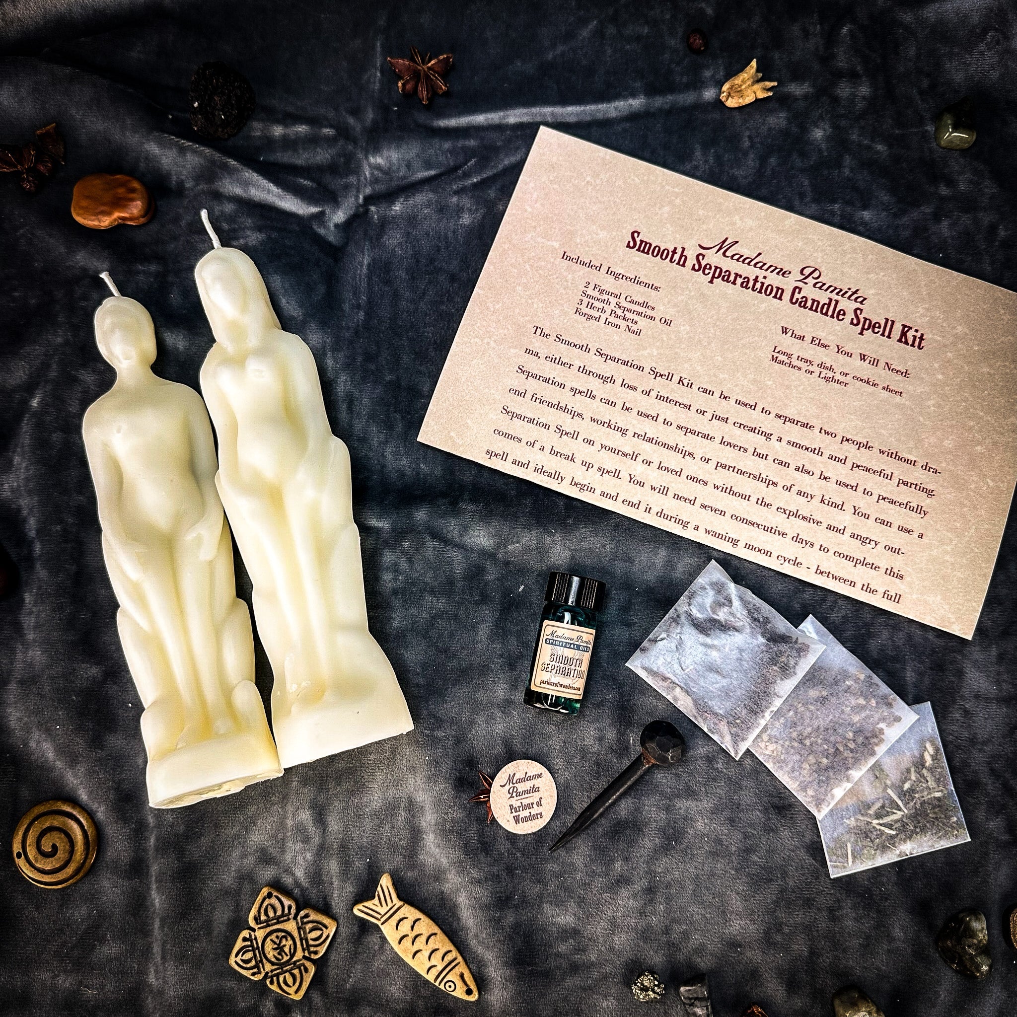 Parlour of Wonders Smooth Separation Candle Spell Kit with black candle for peaceful parting and human/female energy.