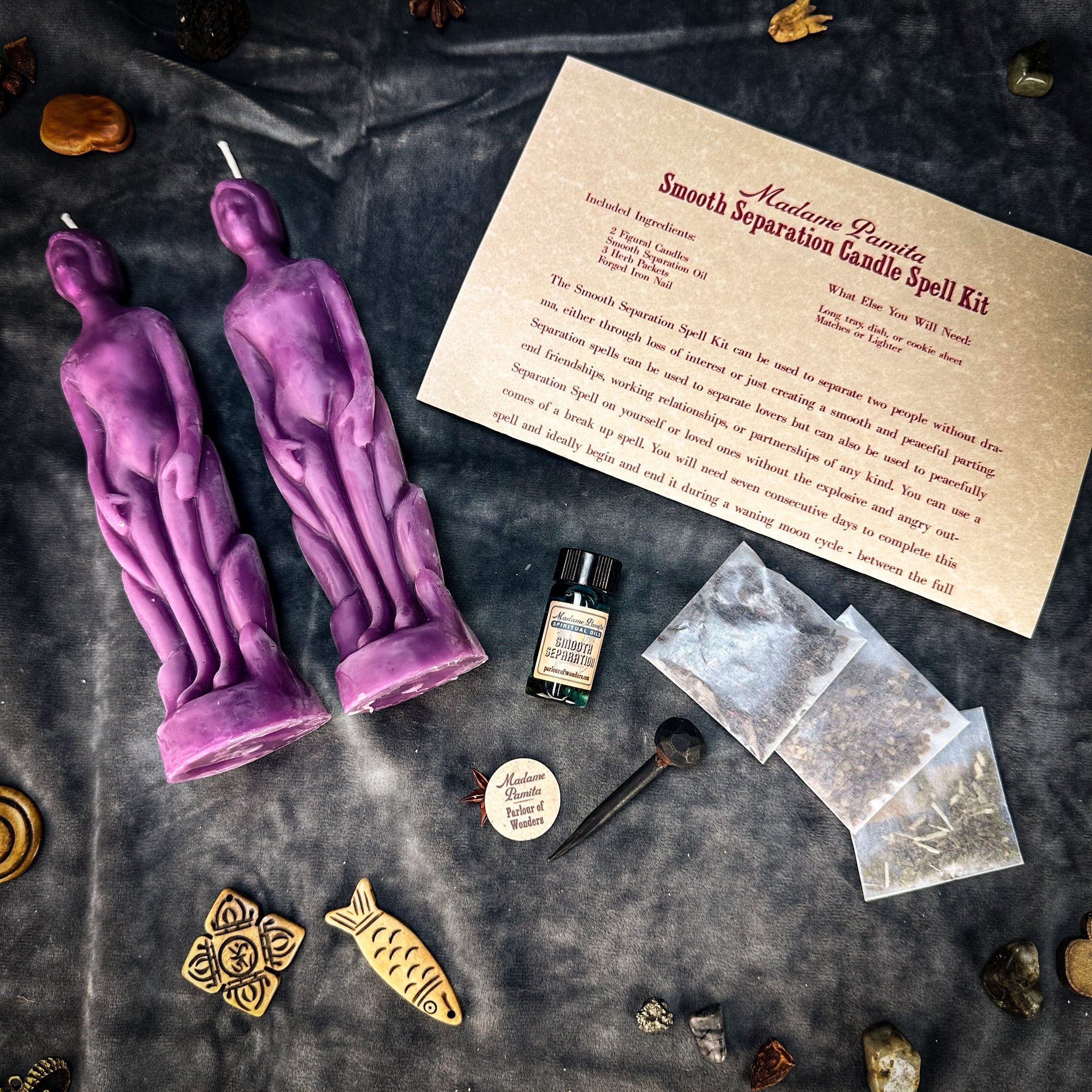 Parlour of Wonders Smooth Separation Candle Spell Kit with black candles for peaceful parting and human separation rituals.