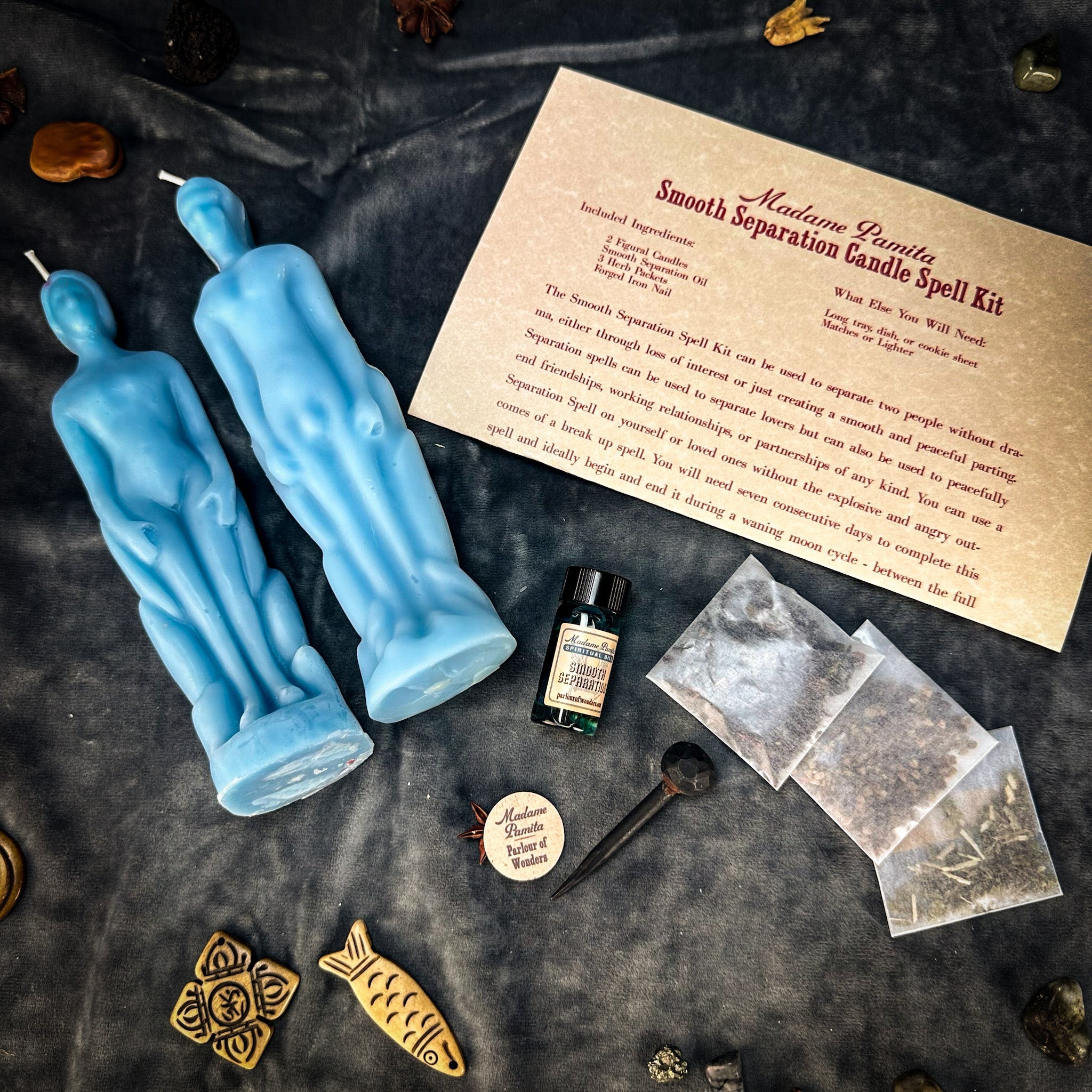 Parlour of Wonders Smooth Separation Candle Spell Kit with black candles for peaceful parting and human separation rituals.
