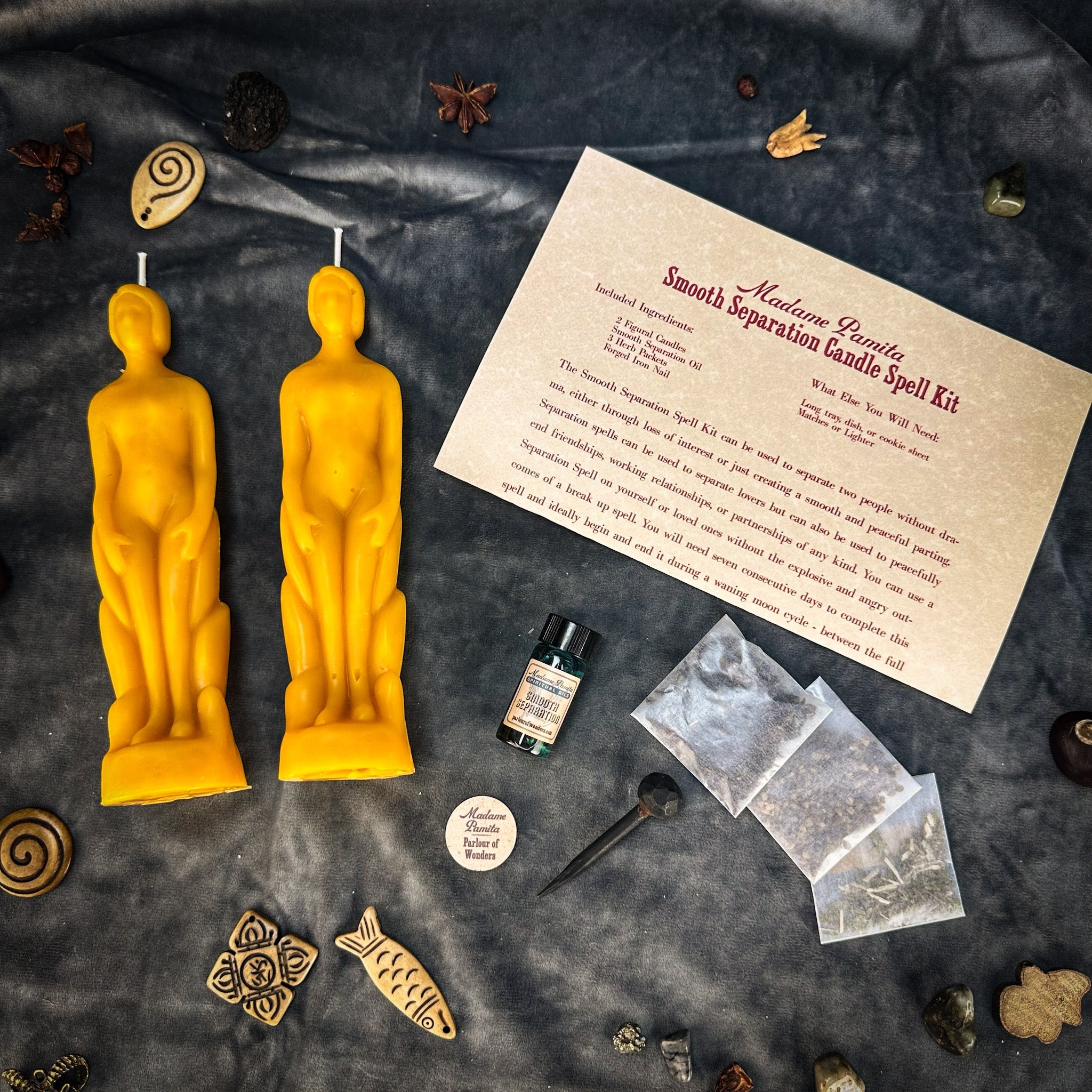 Parlour of Wonders Smooth Separation Candle Spell Kit featuring black candles for peaceful parting and human-to-human separation.