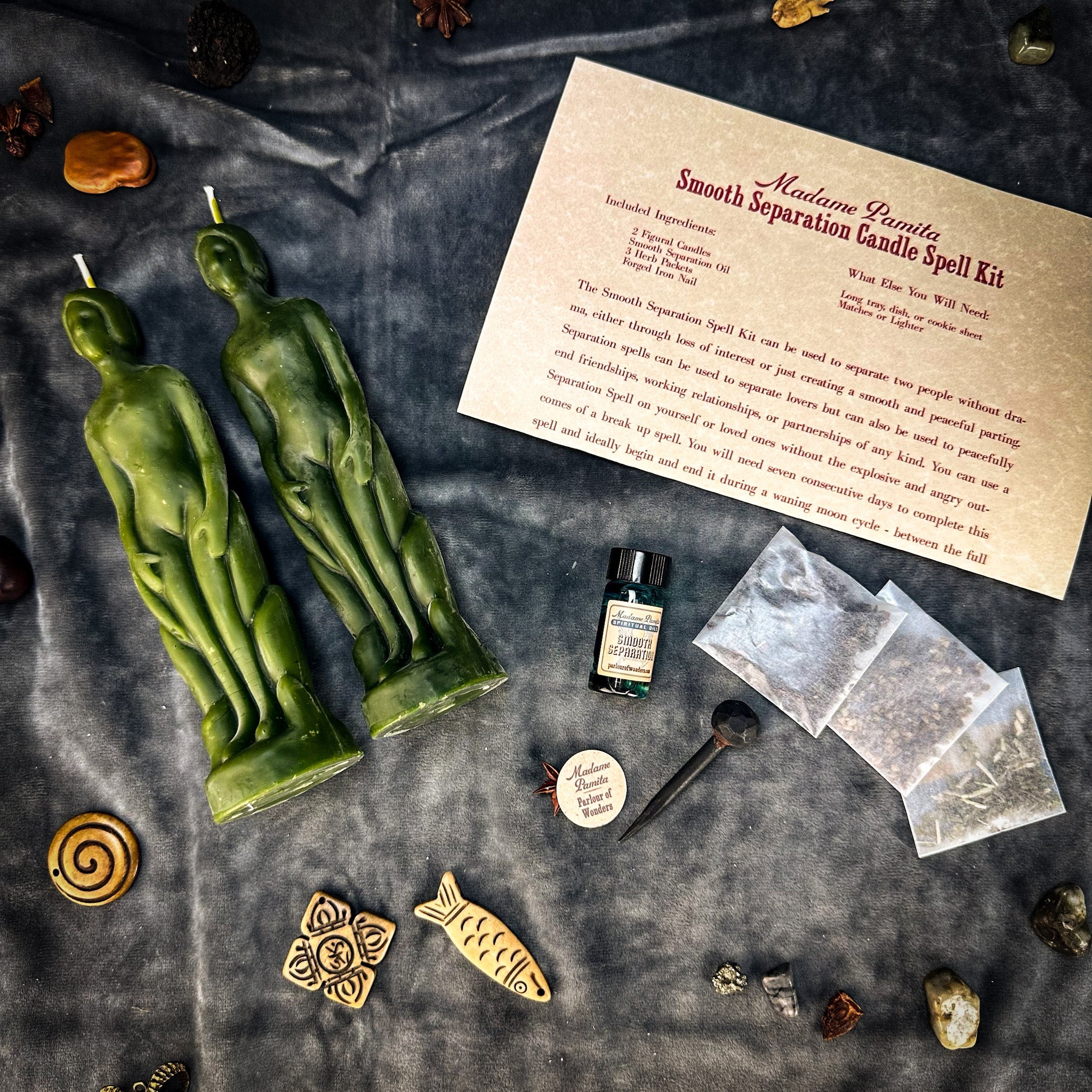 Parlour of Wonders Smooth Separation Candle Spell Kit with black candles for peaceful parting and human relationships.