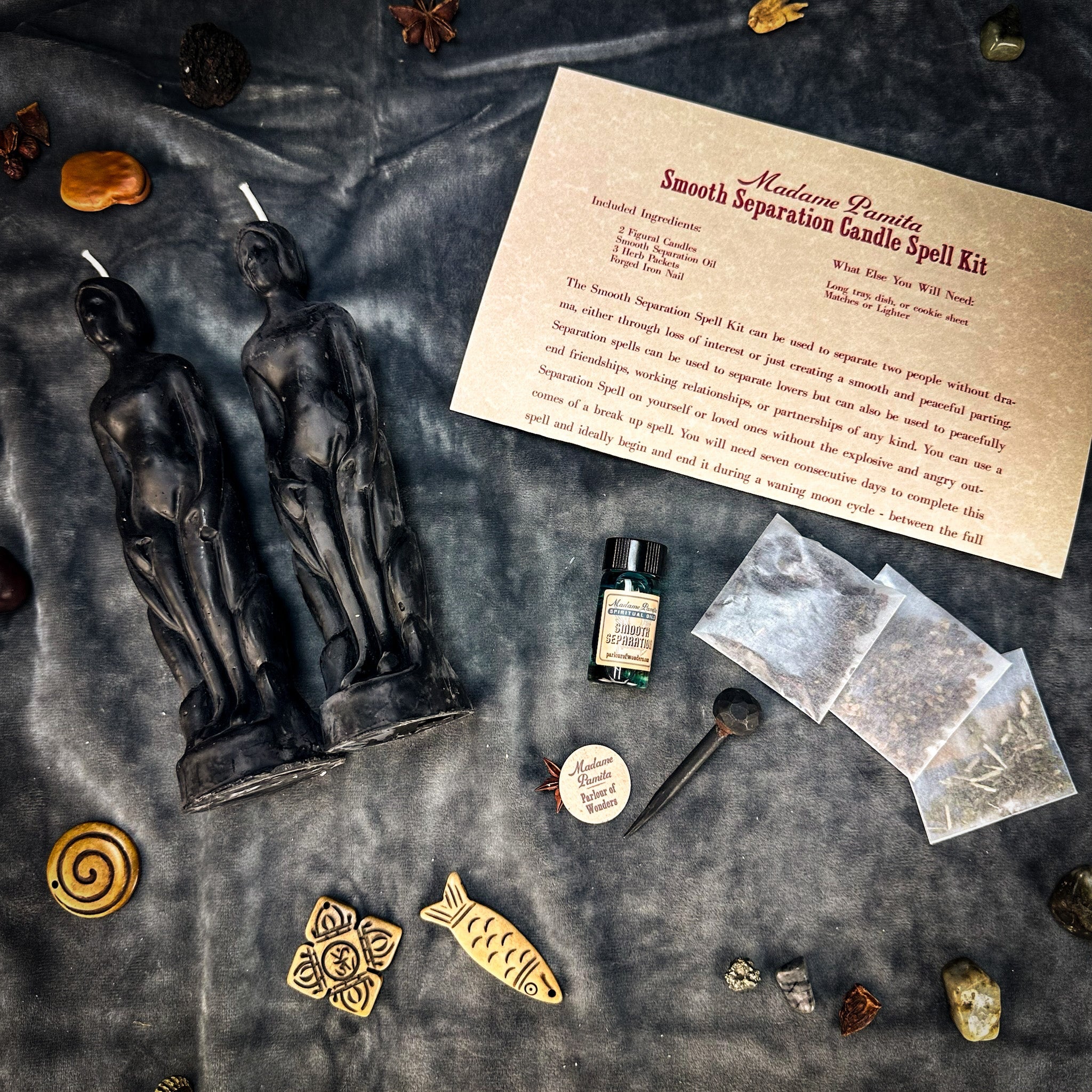 Parlour of Wonders Smooth Separation Candle Spell Kit with black candles for peaceful parting and human-to-human separation.