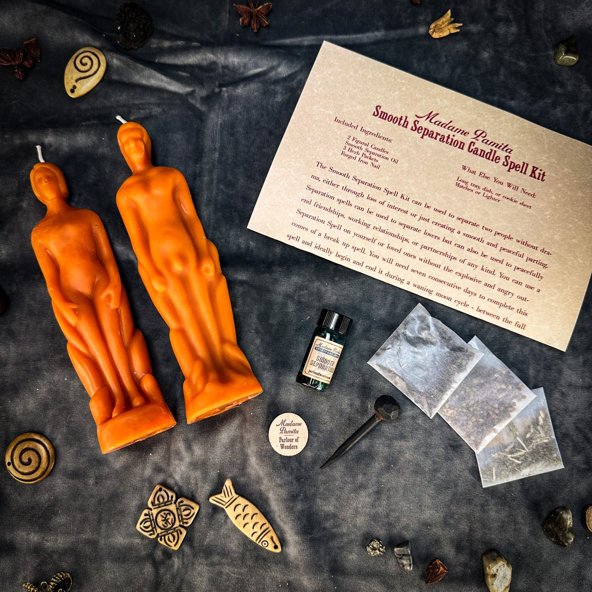 Smooth Separation Candle Spell Kit by Parlour of Wonders, featuring black candles for peaceful parting and human/male separation.