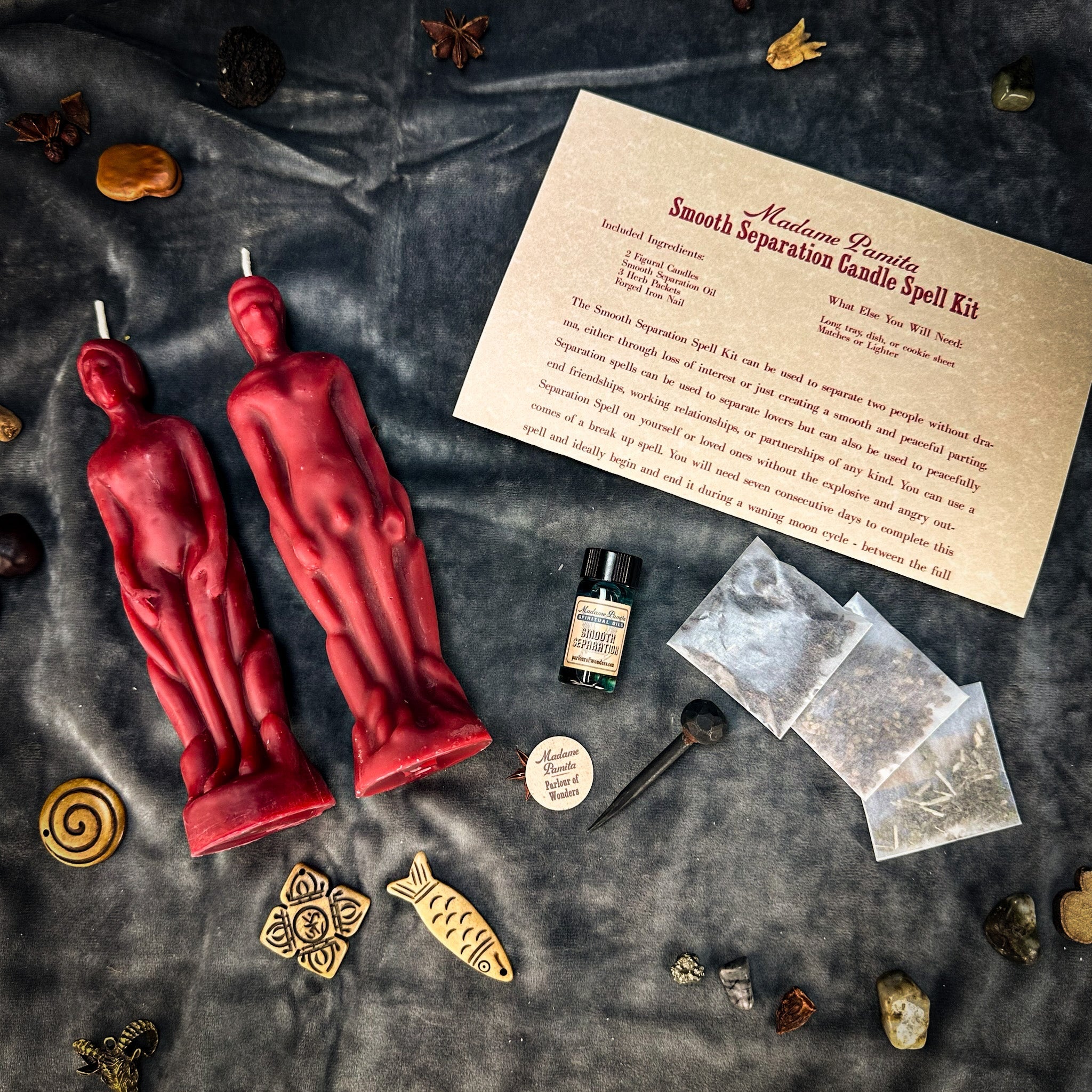 Smooth Separation Candle Spell Kit by Parlour of Wonders featuring black candles for peaceful parting and human/male separation.