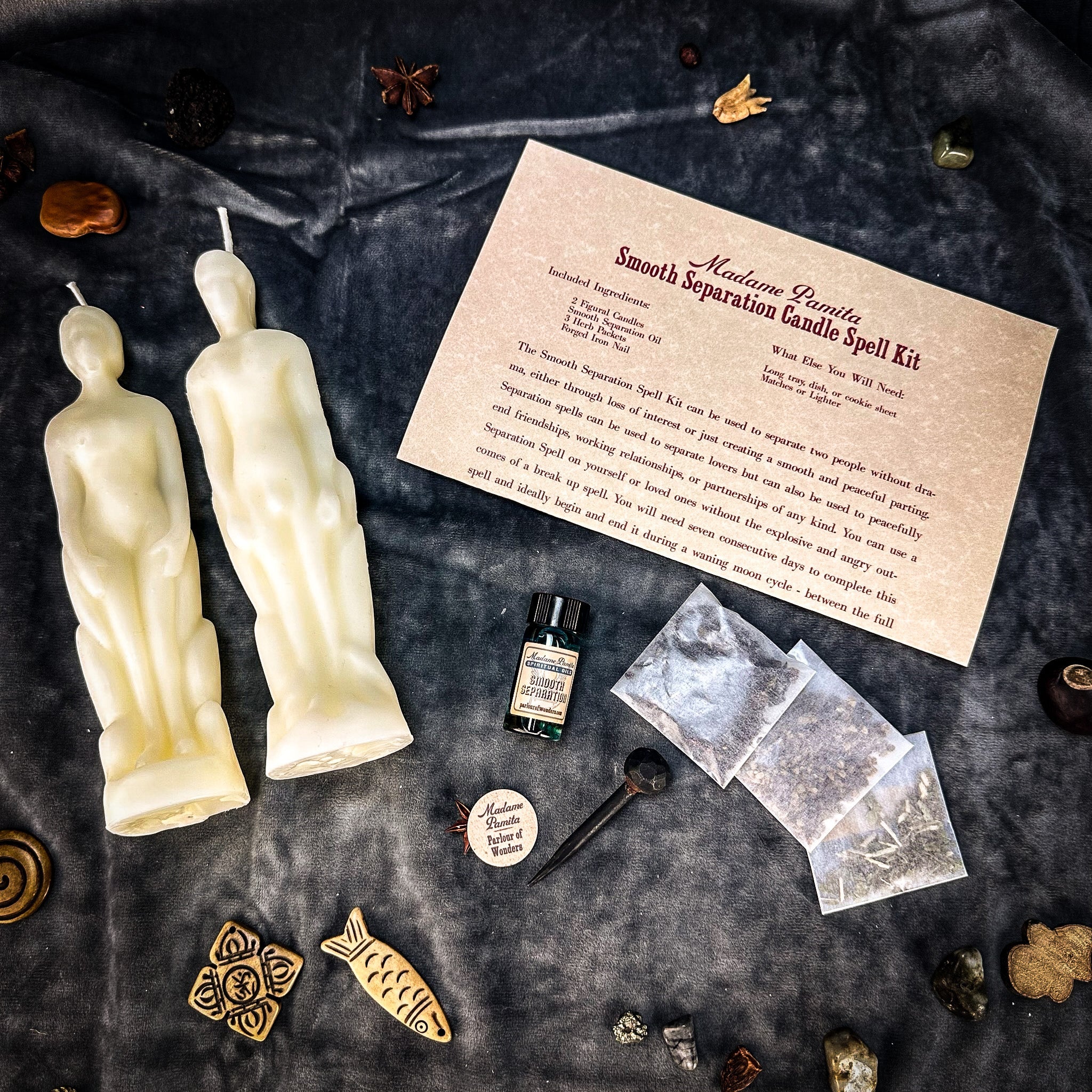Parlour of Wonders Smooth Separation Candle Spell Kit with black candles for peaceful parting and human/male separation.