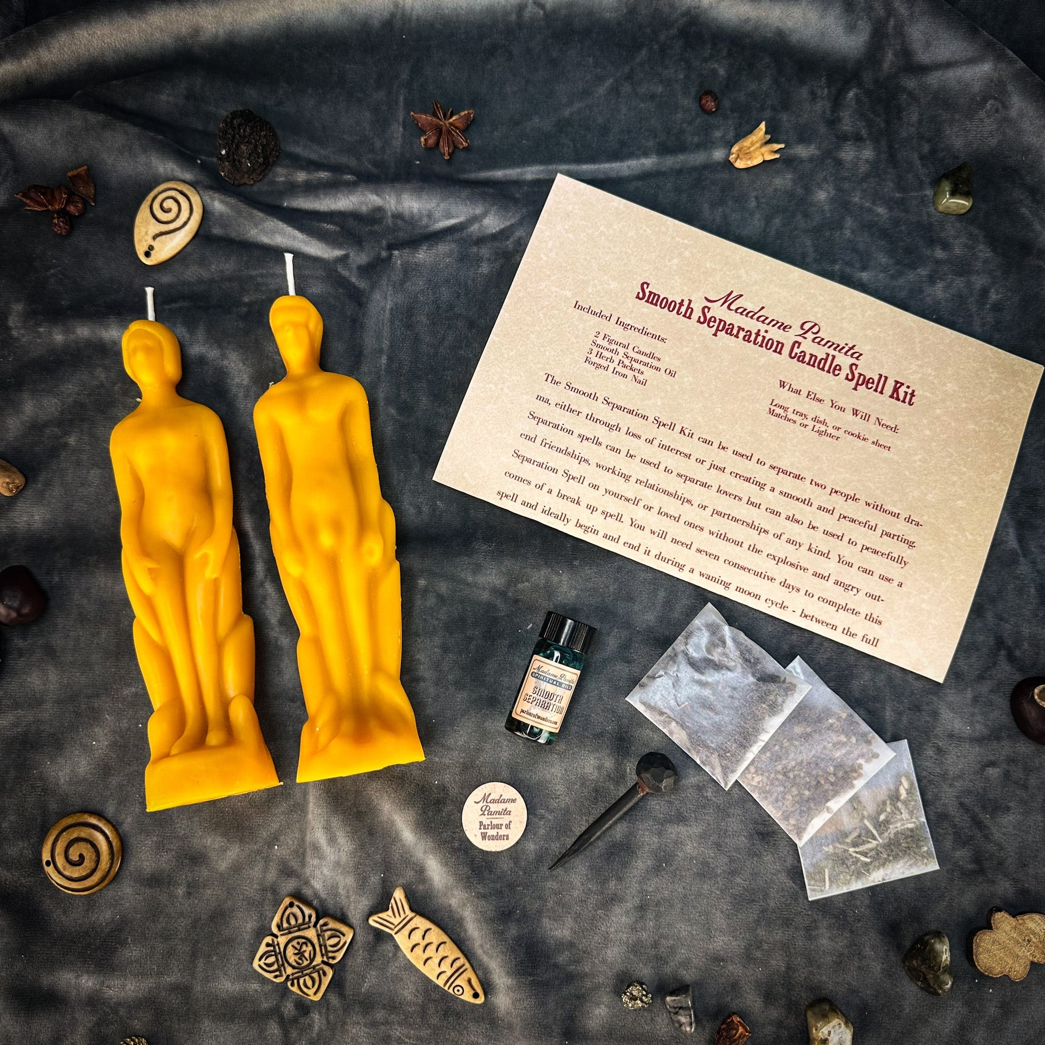 Parlour of Wonders Smooth Separation Candle Spell Kit with black candle for peaceful parting and human/male separation.