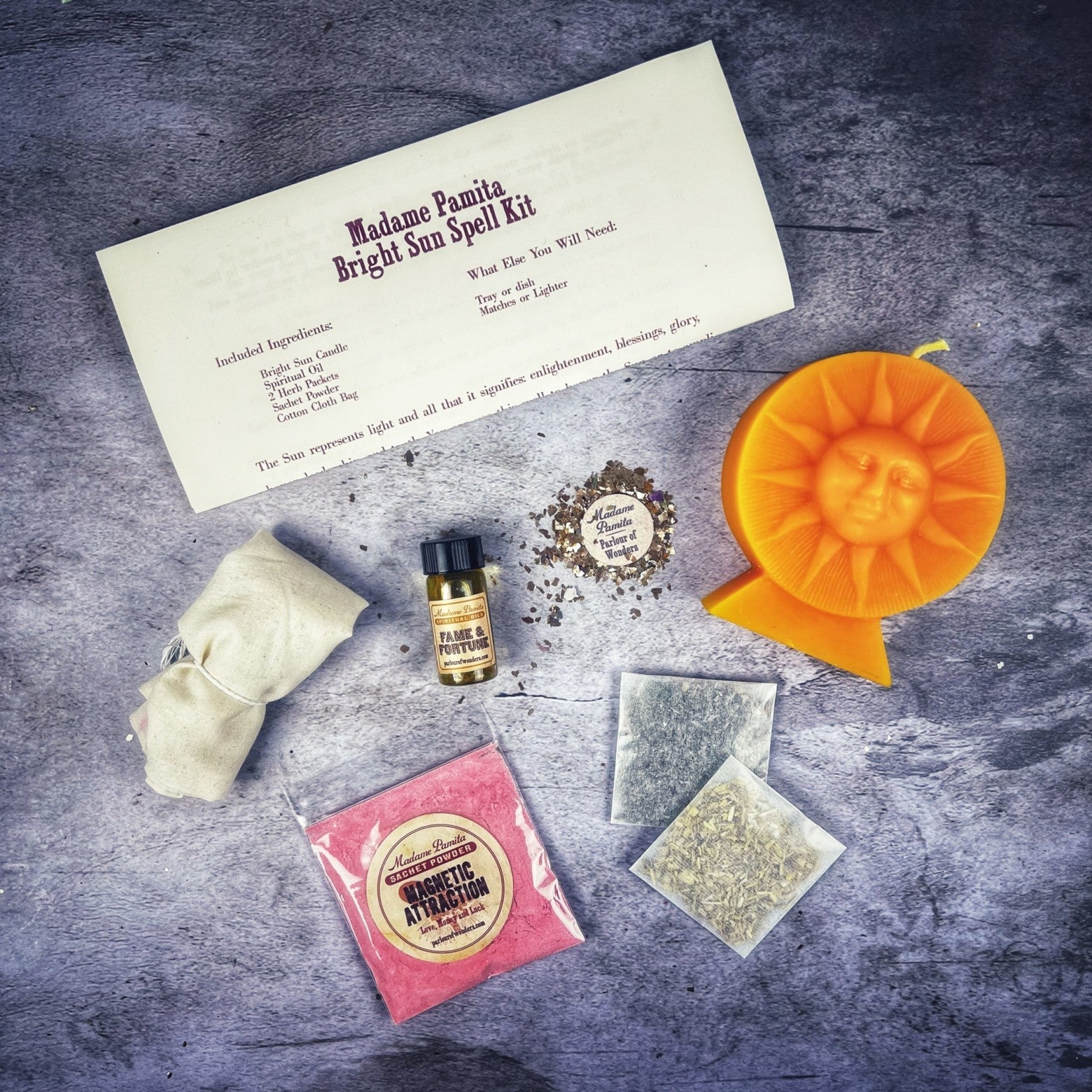 Bright Sun Candle Spell Kit by Parlour of Wonders featuring black candles for success, fame, and radiant energy.