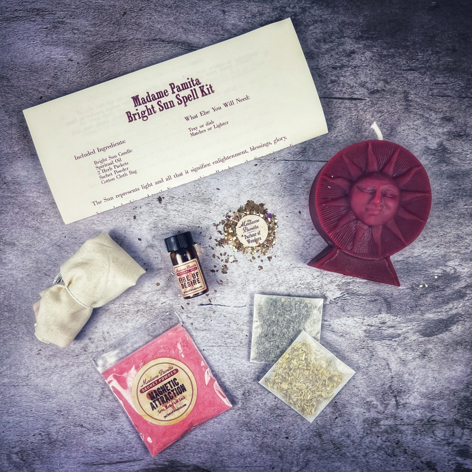 Bright Sun Candle Spell Kit by Parlour of Wonders featuring black candles for success, fame, and radiant energy in a spell kit.