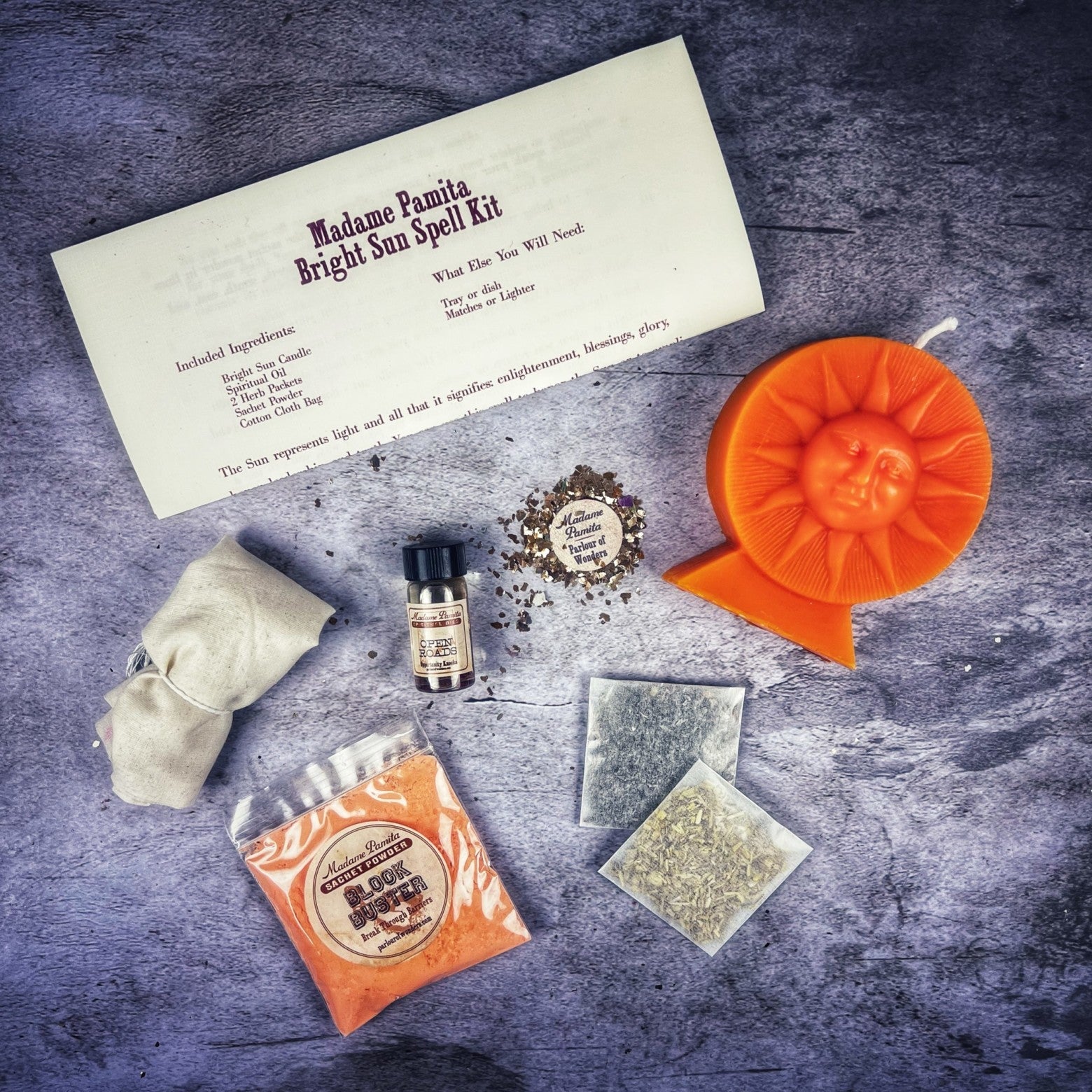 Bright Sun Candle Spell Kit by Parlour of Wonders featuring black candles for success, fame, protection, and radiant energy.