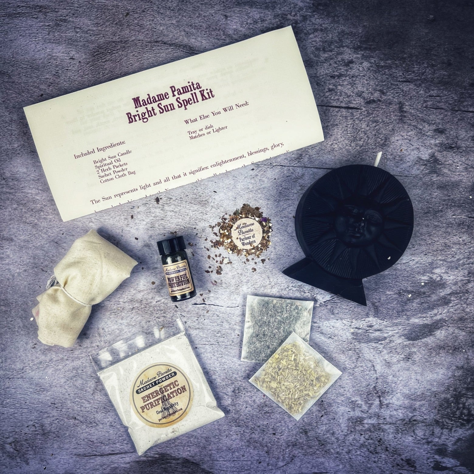Bright Sun Candle Spell Kit by Parlour of Wonders featuring black candles for success, fame, and radiant energy.