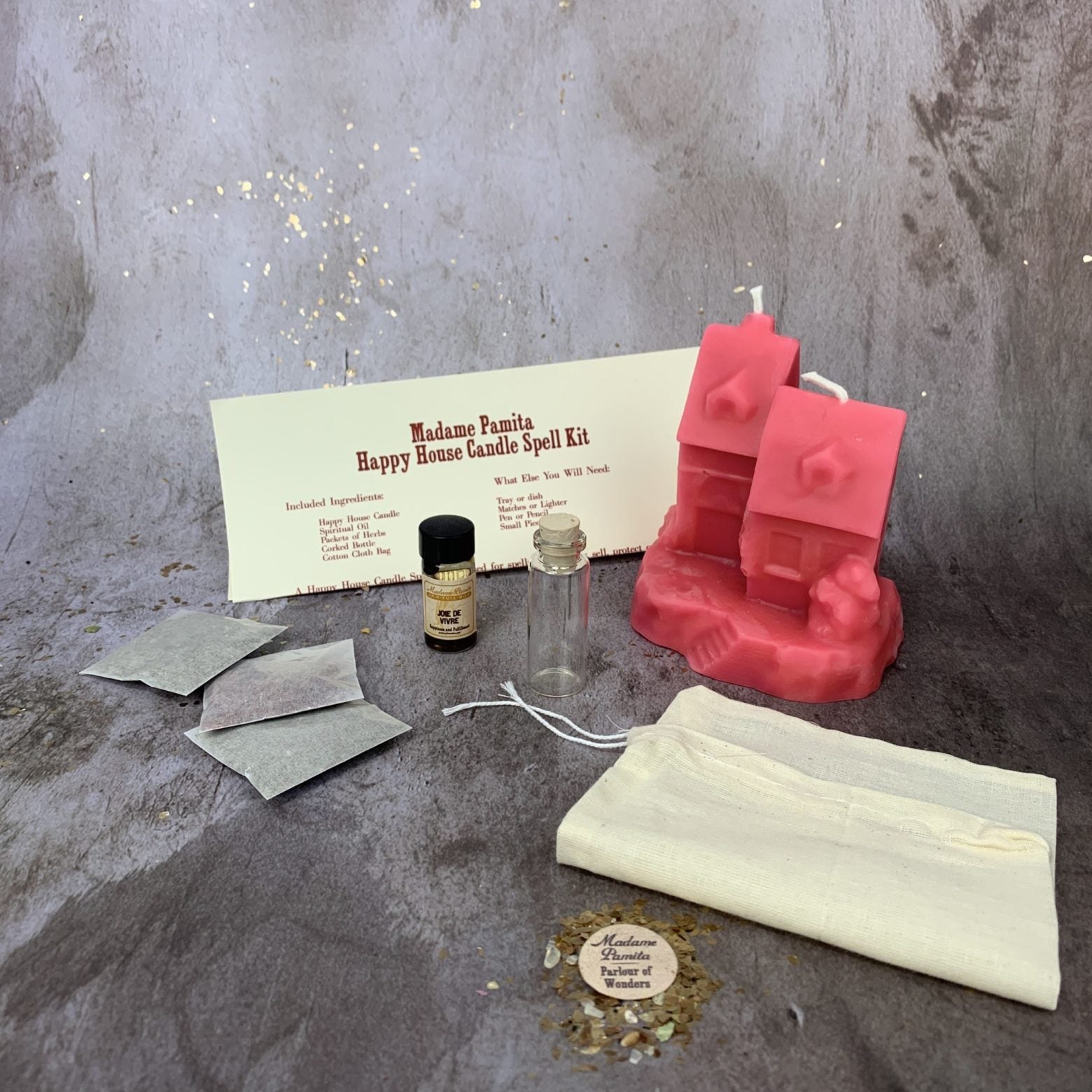 Happy House Candle Spell Kit by Parlour of Wonders with black candles and herbs for home protection, harmony, and blessings.