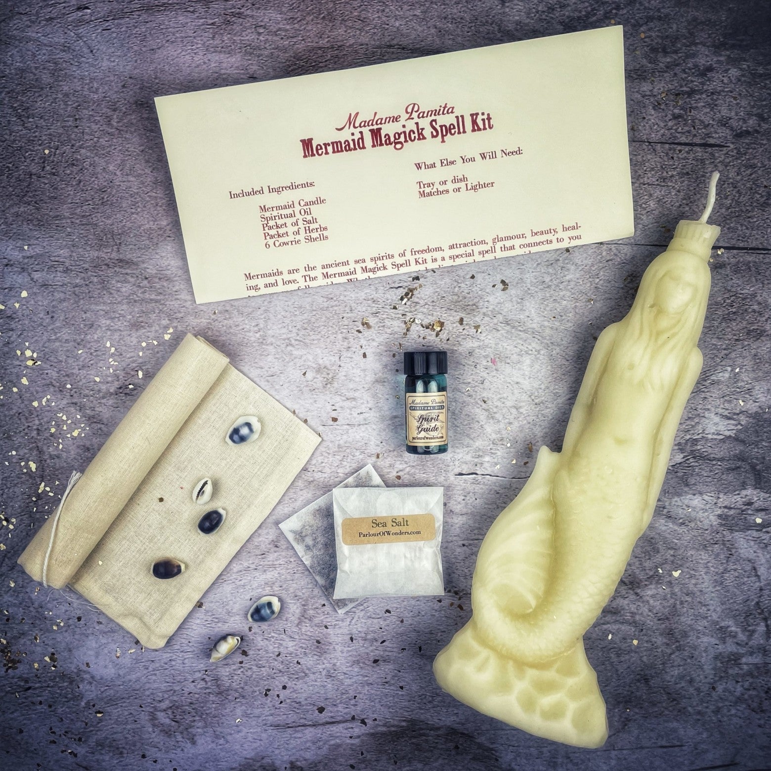 Mermaid Magick Candle Spell Kit by Parlour of Wonders featuring black protection candles for love, beauty, and water goddess magic.