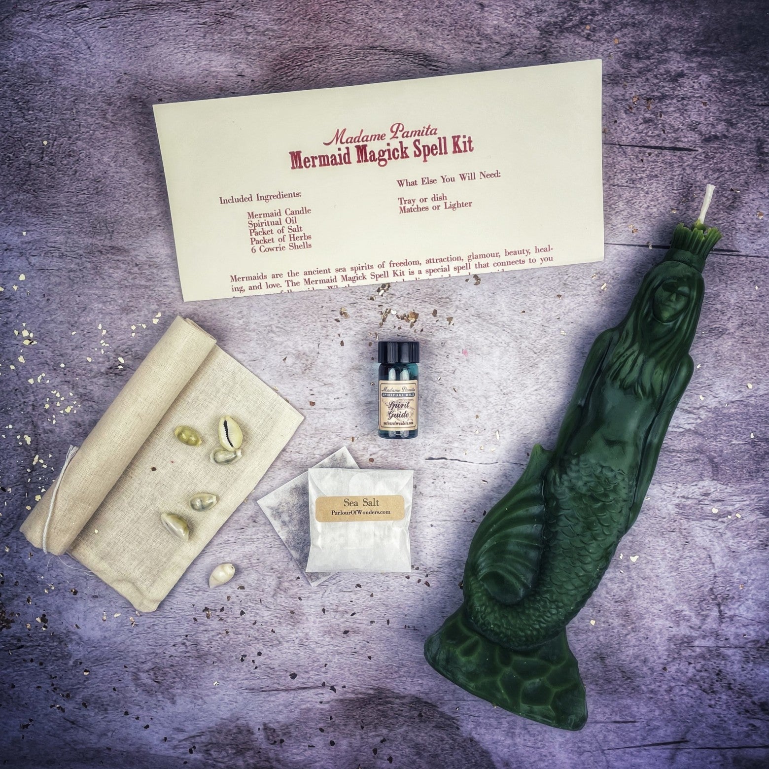 Parlour of Wonders Mermaid Magick Candle Spell Kit with black candles for love, beauty, and water goddess magic.
