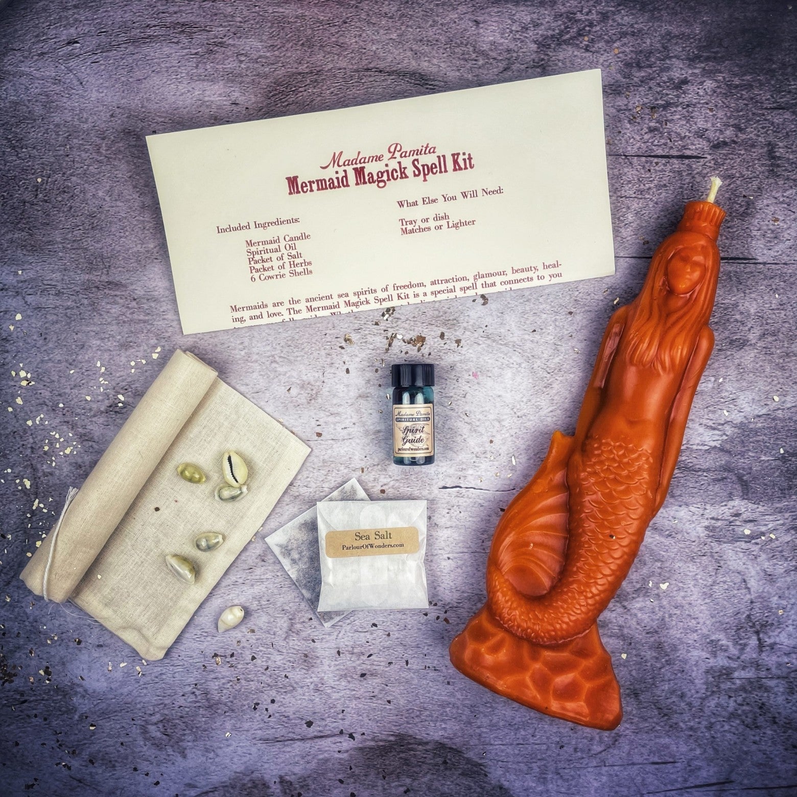 Parlour of Wonders Mermaid Magick Candle Spell Kit with black candles and magic symbols for love, beauty, and water goddess rituals.