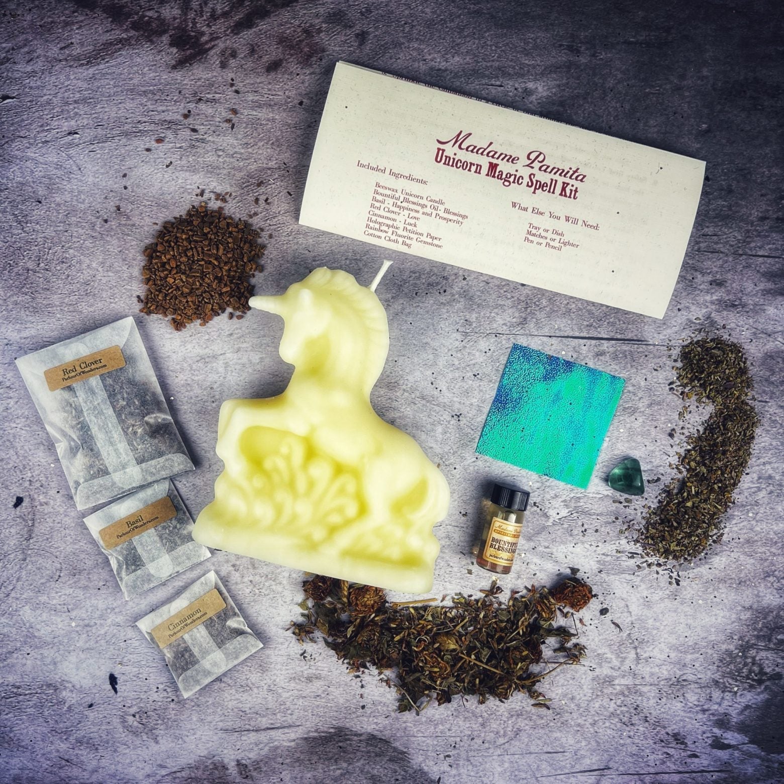 Parlour of Wonders Unicorn Magic Candle Spell Kit with black candles for manifestation, protection, and wish magic.