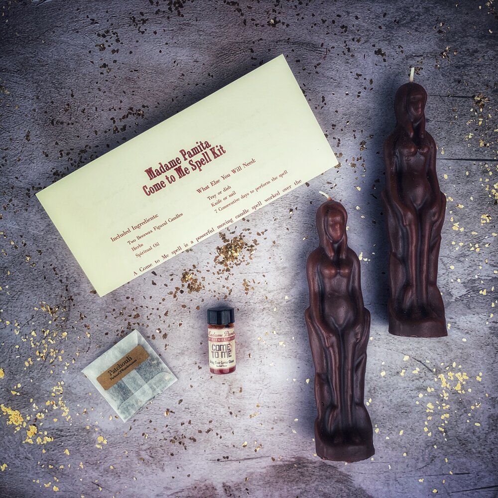 Come to Me Candle Spell Kit for female to female attraction, featuring brown candles for love and passion from Parlour of Wonders.