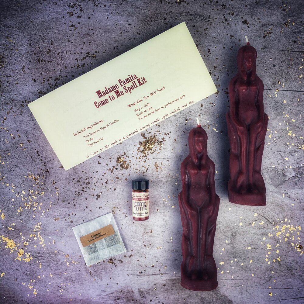 Come to Me Candle Spell Kit for female couples, featuring brown candles for love and passion attraction by Parlour of Wonders.