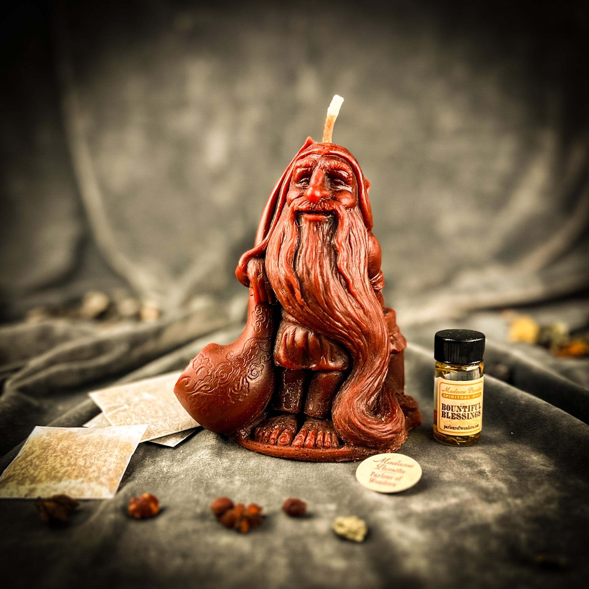 Domovyk House Blessing Candle Spell Kit by Parlour of Wonders with brown grounding candles and ritual accessories.