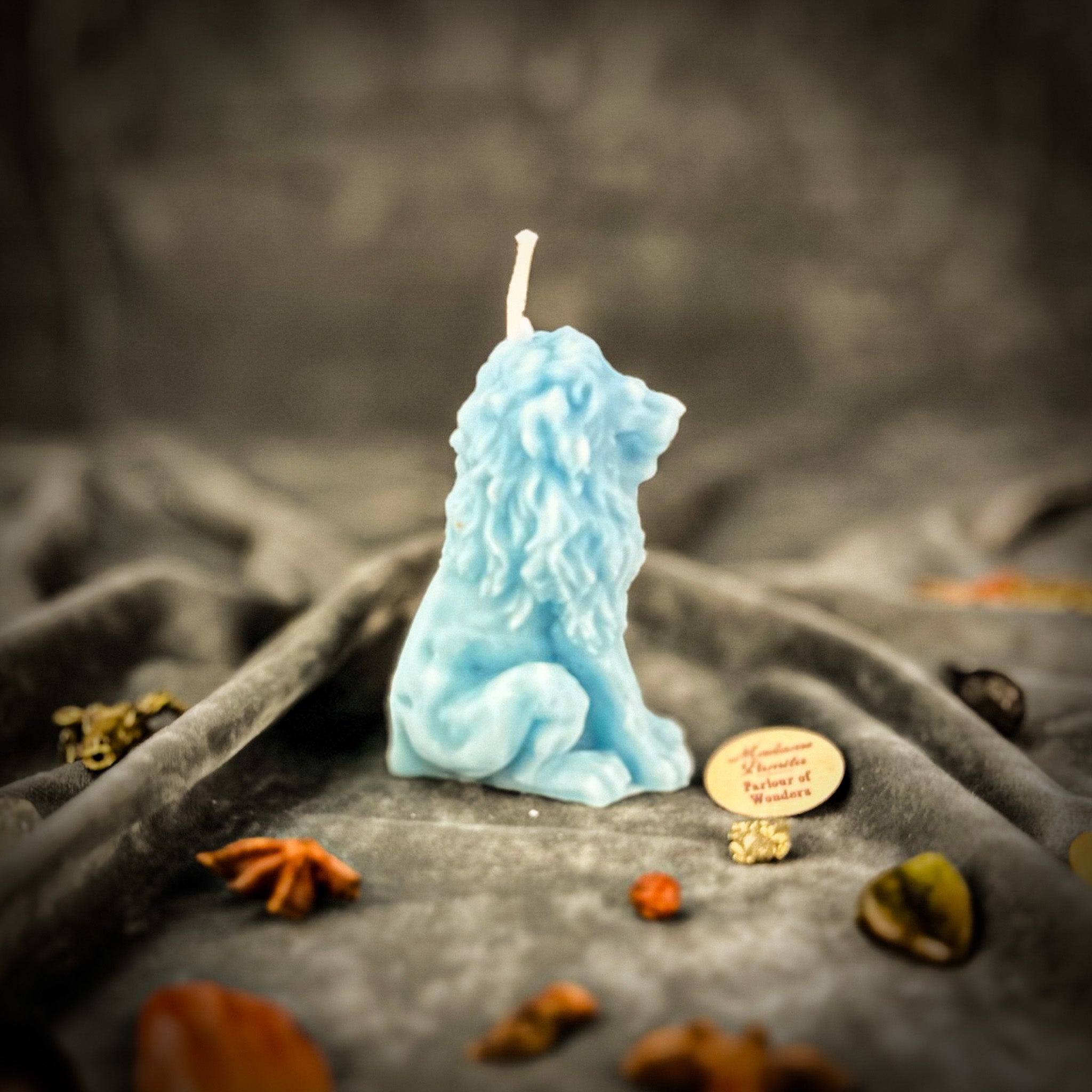Parlour of Wonders Proud Lion Candle Spell Kit with brown grounding candle for courage and leadership magic.