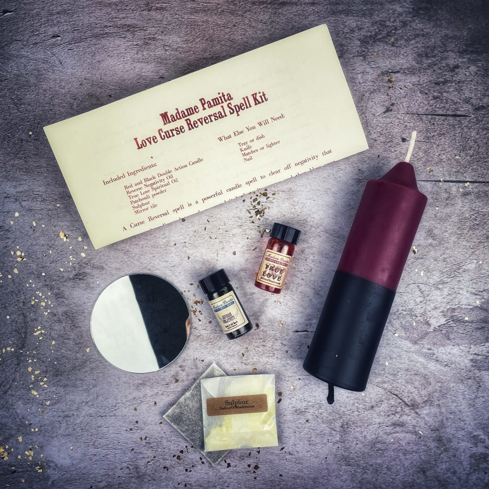 Parlour of Wonders Love Curse Reversal Candle Spell Kit with candles, herbs, and tools to break love jinxes and restore romance.