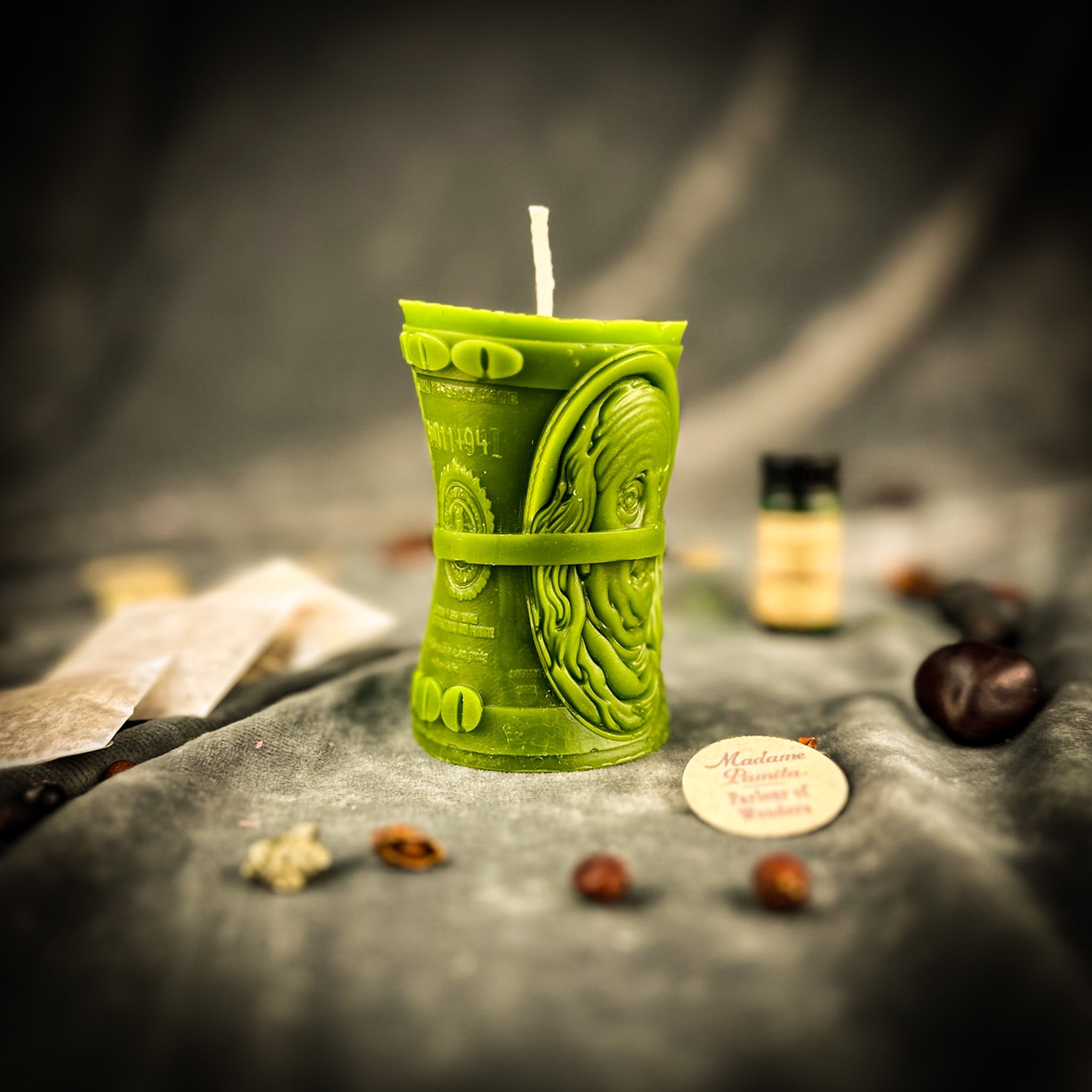 Green Candle Spell Kit for debt collection and fair compensation by Parlour of Wonders, includes candles and magical tools.