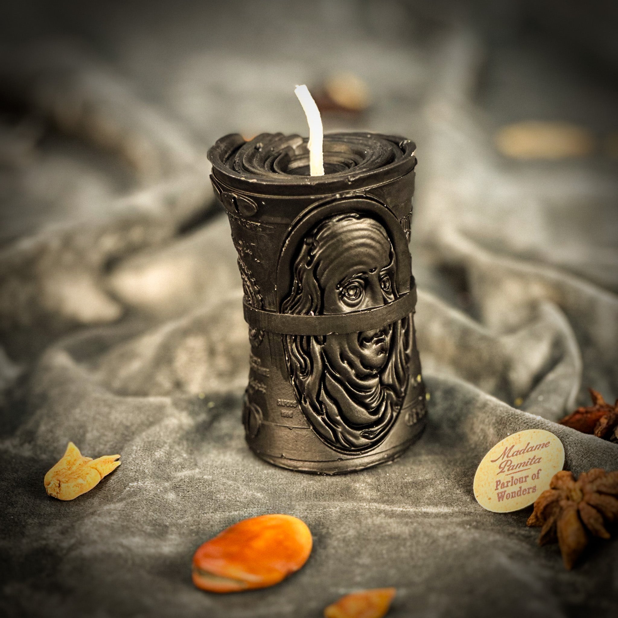 Parlour of Wonders Pay Me Candle Spell Kit for debt collection and fair compensation, featuring green candles and magical accessories.