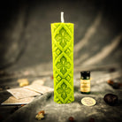 Green Candle Spell Kit with Khrest Cross of Protection and Plenty Pillar Candle for sacred balance and abundance magic by Parlour of Wonders.