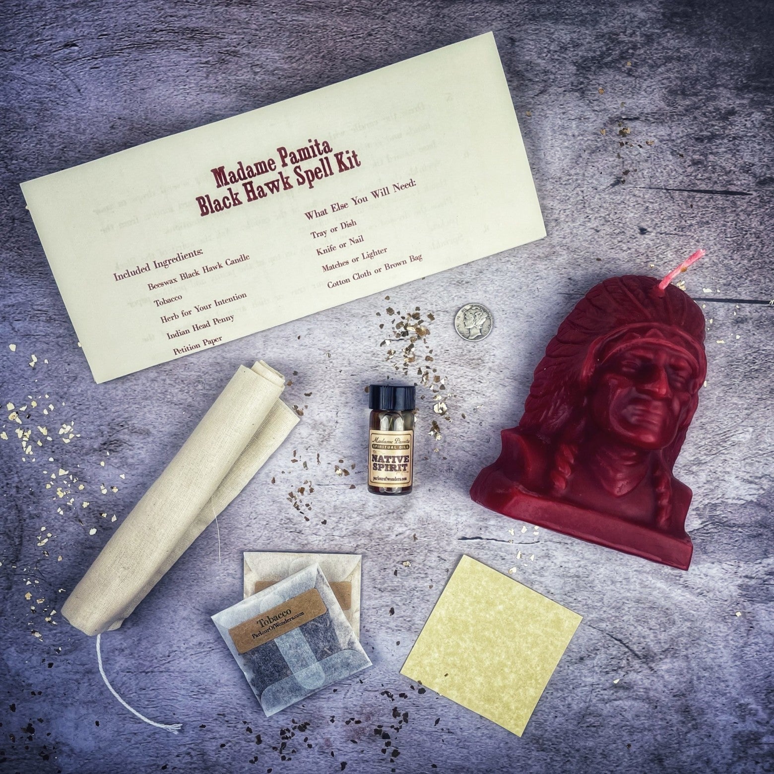 Black Hawk Justice Candle Spell Kit by Parlour of Wonders, featuring an orange candle for spirit guide and social justice magic.